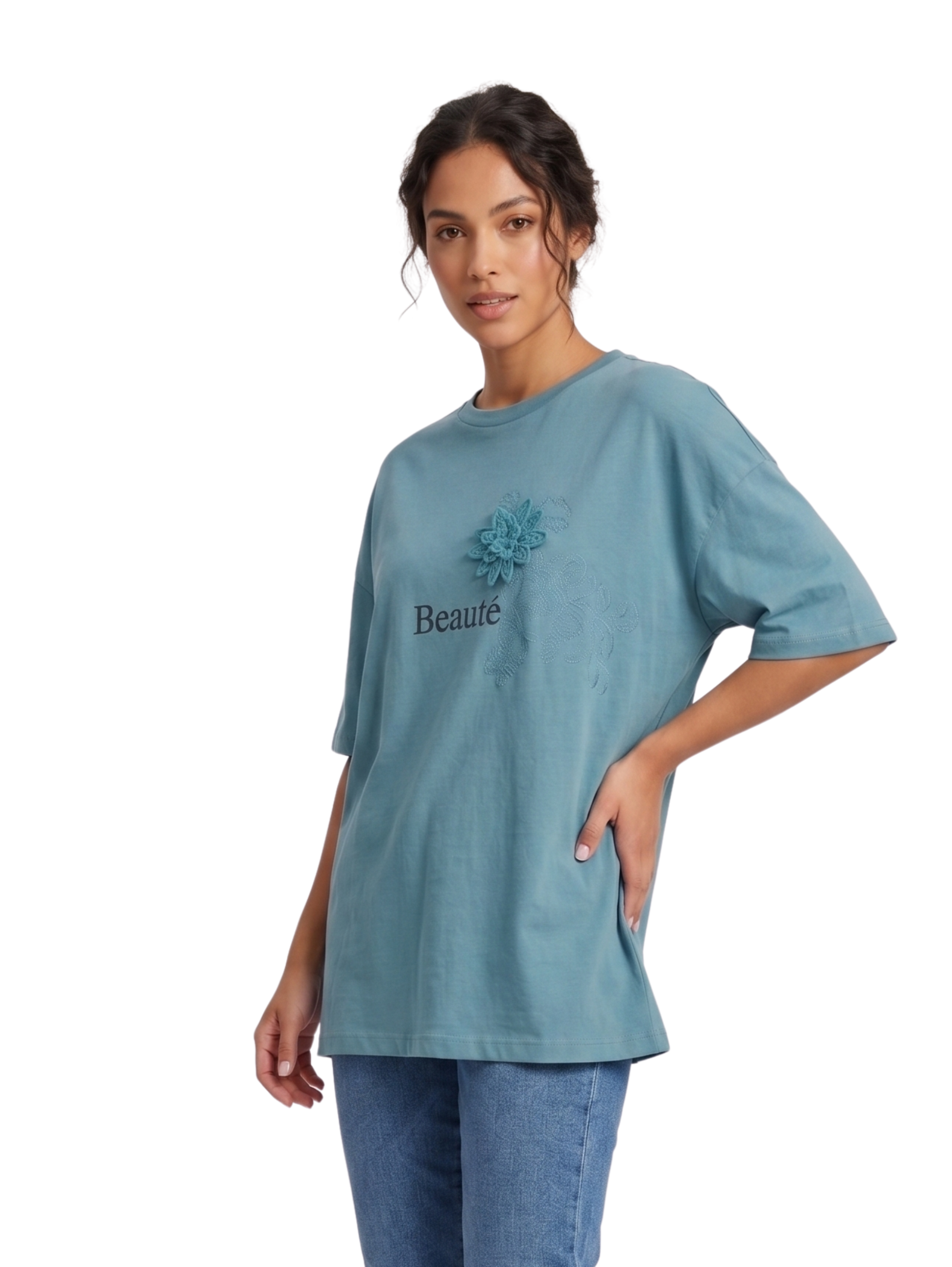 Petrol Short Sleeved Round Neck T-Shirt With Floral Design