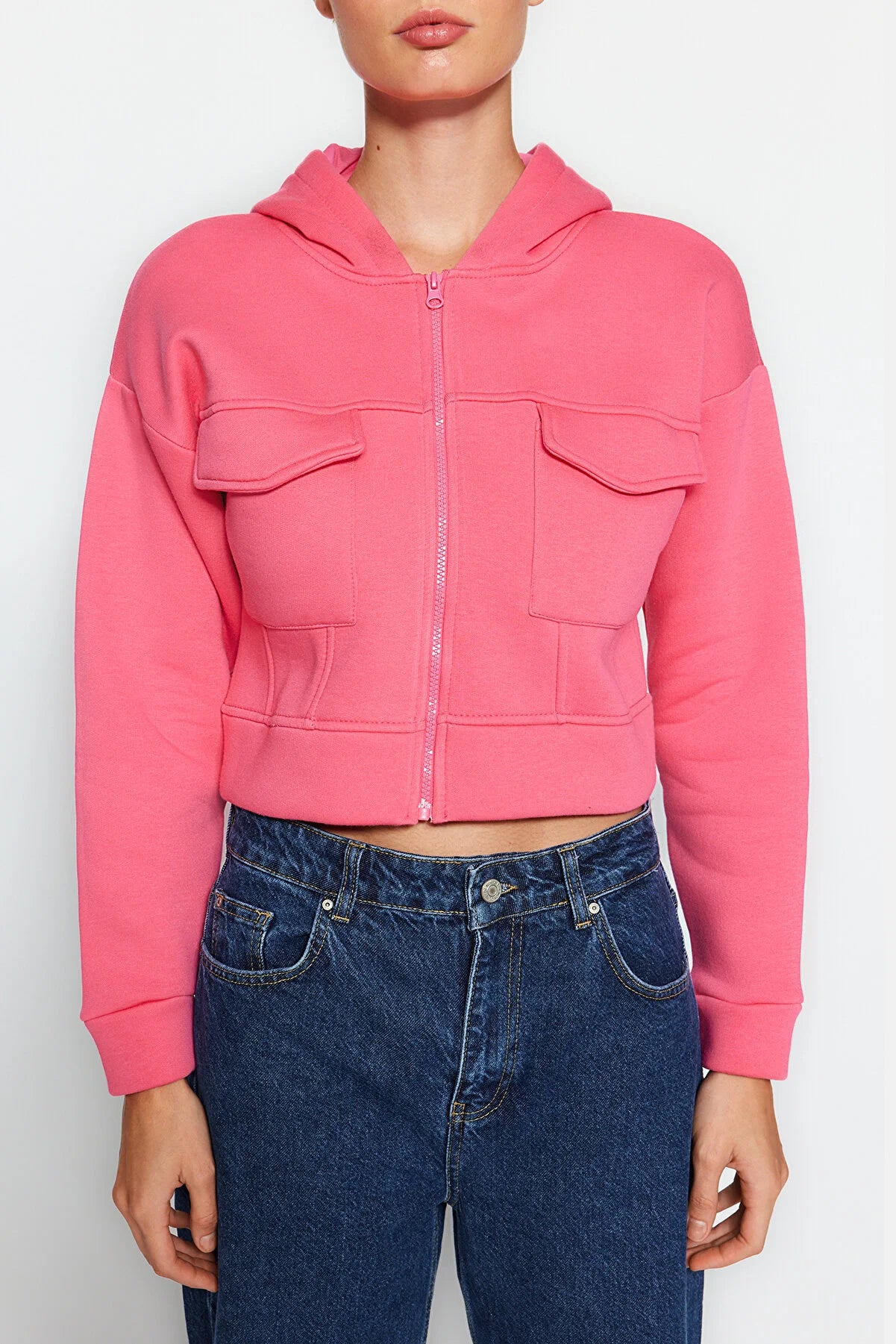 Trendyol Zipped Pink Jacket with Hoodie