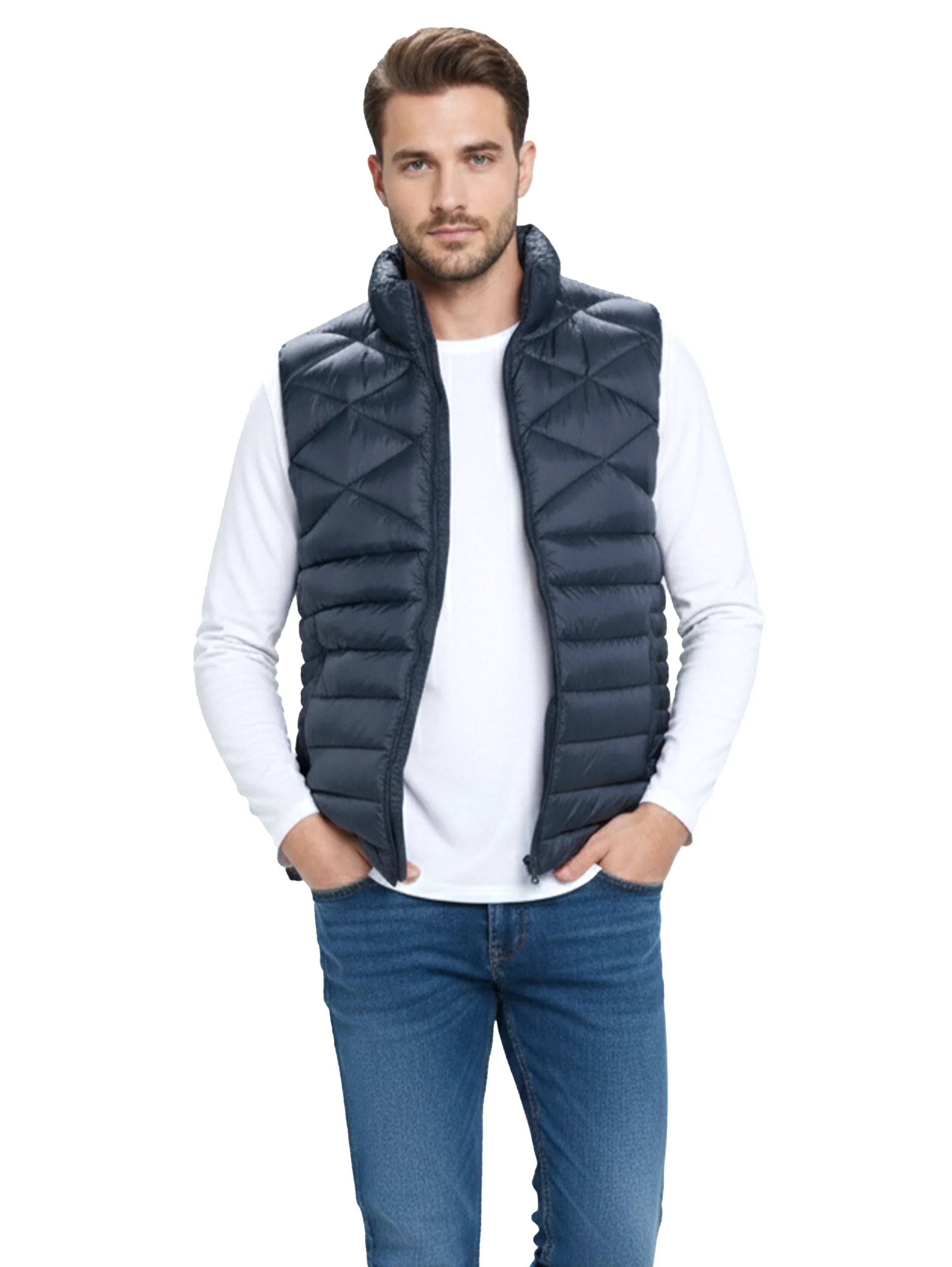 Navy Quilted Puffer Vest With Zipper To Close