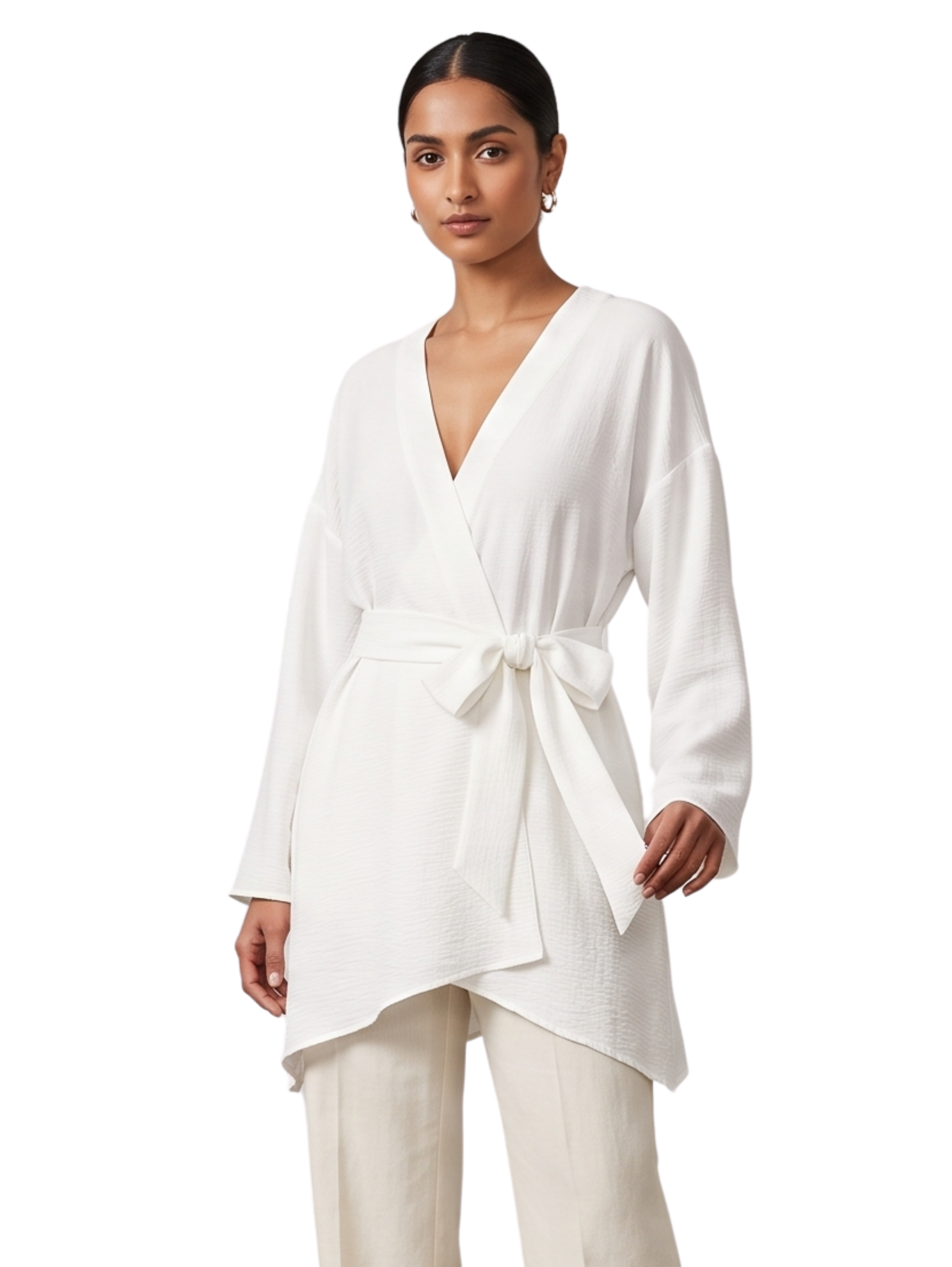 Long Sleeved White Cardigan With Matching Fabric Tie Belt