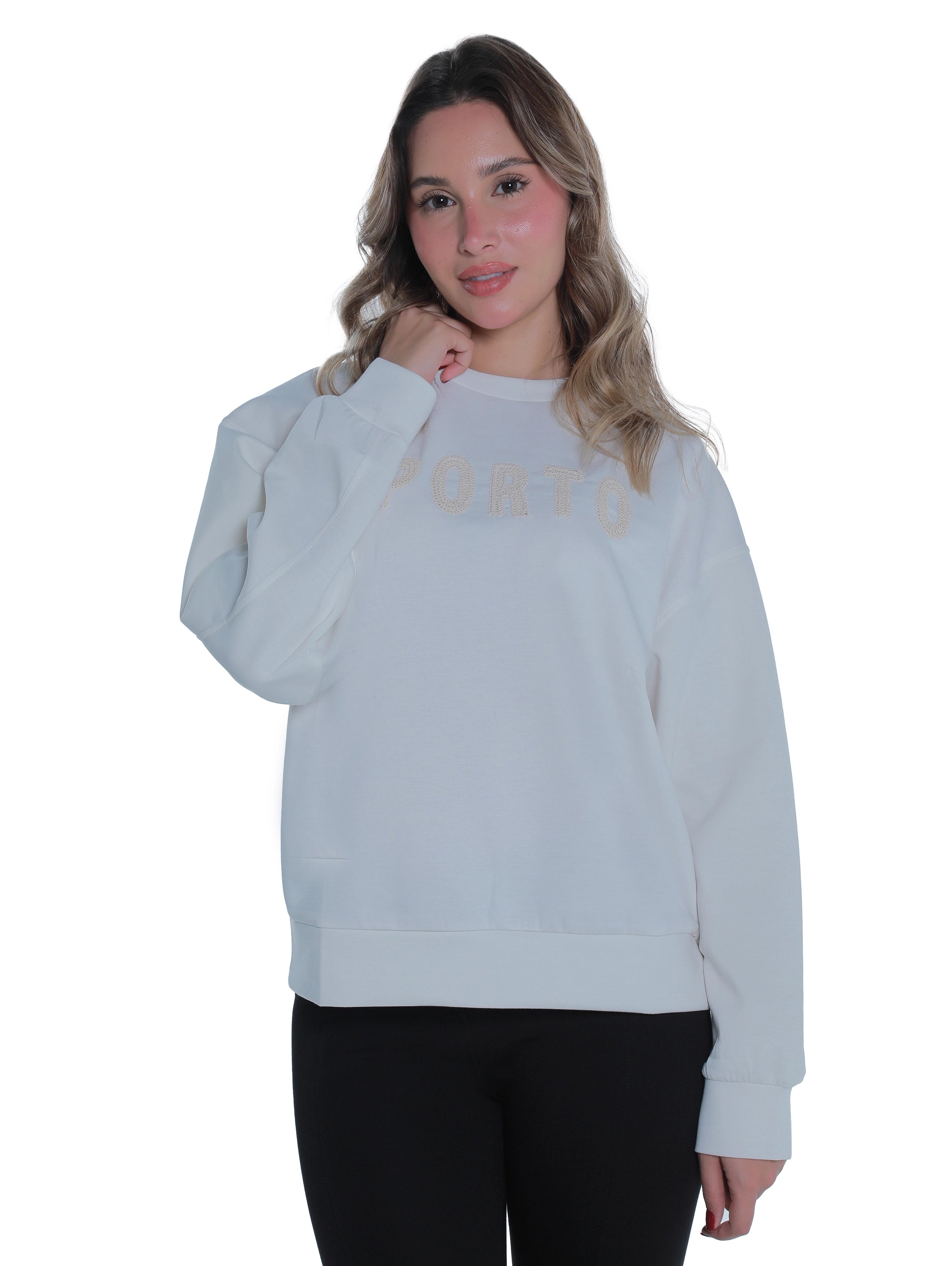 Round Neck White Sweater With "Porto" Front Design