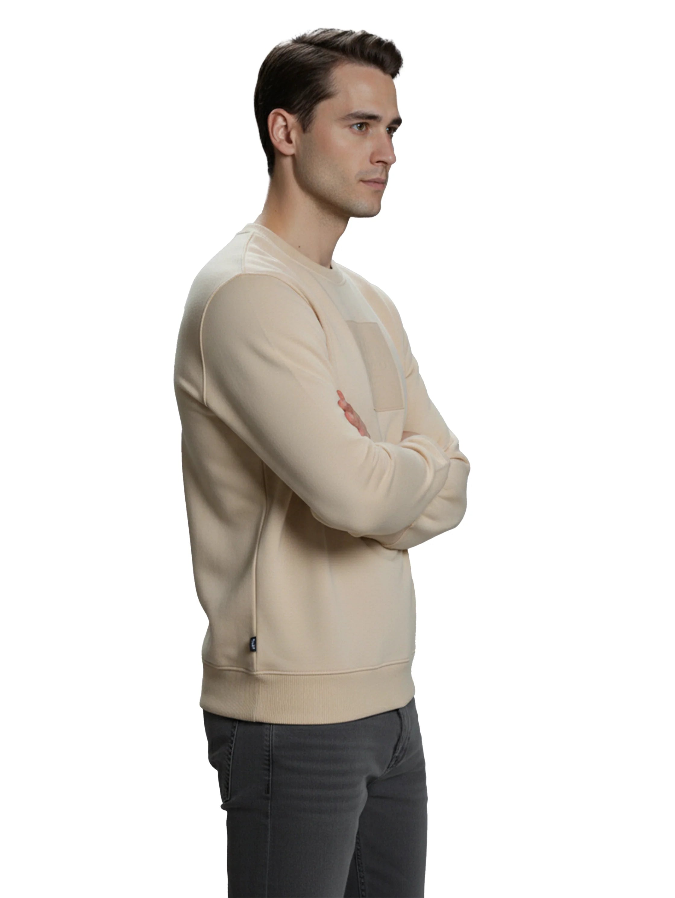 Round Neck Long Sleeve Cotton Beige Sweater