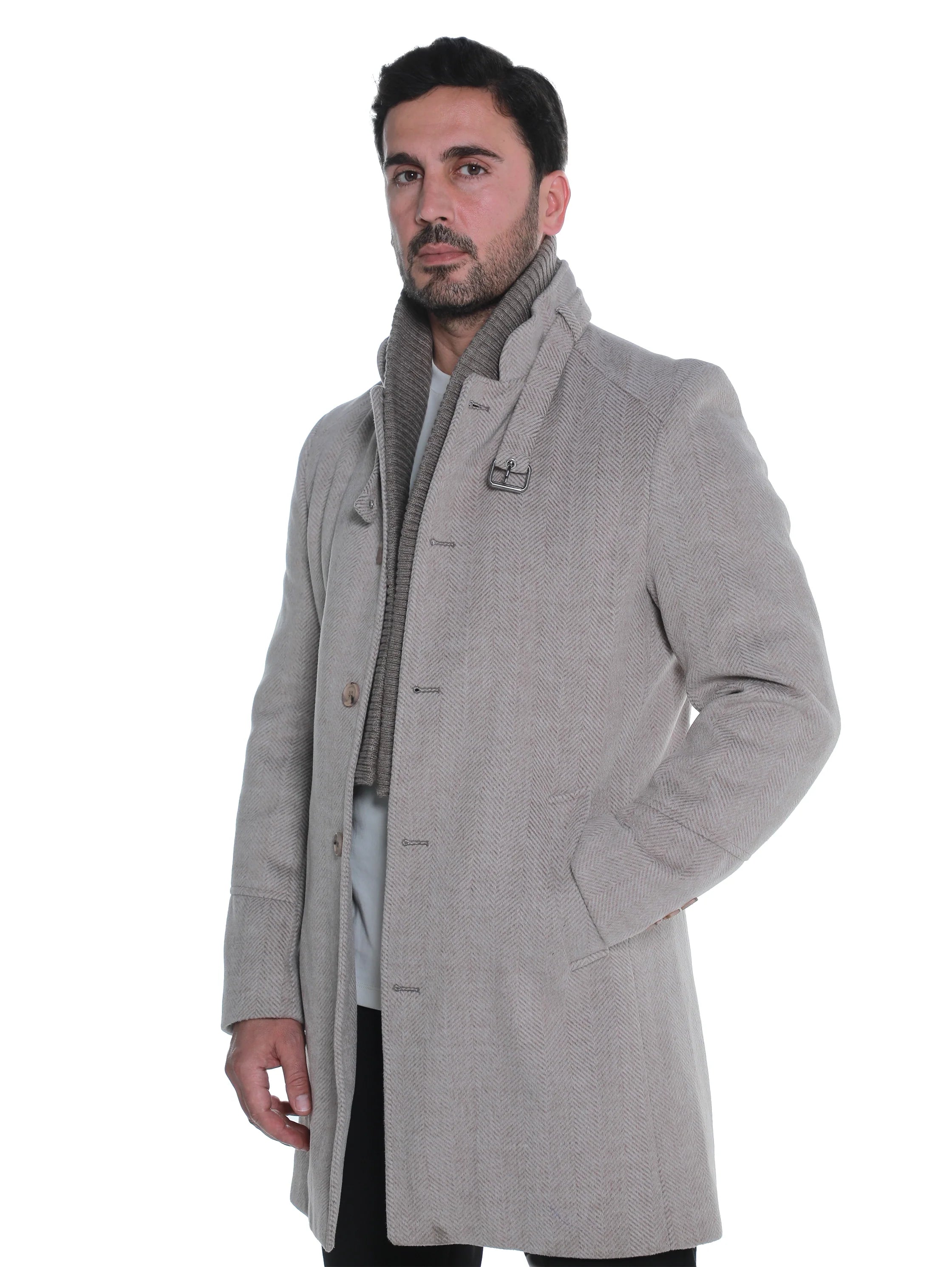 Beige Buttoned Coat With Side Slanted Pockets