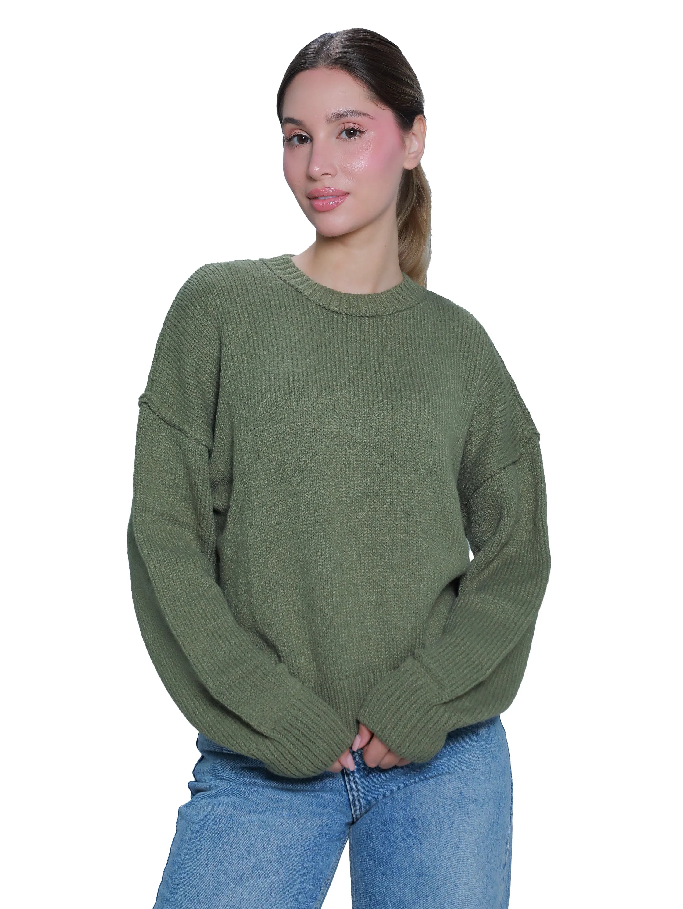 Round Neck Olive Long Sleeved Sweater
