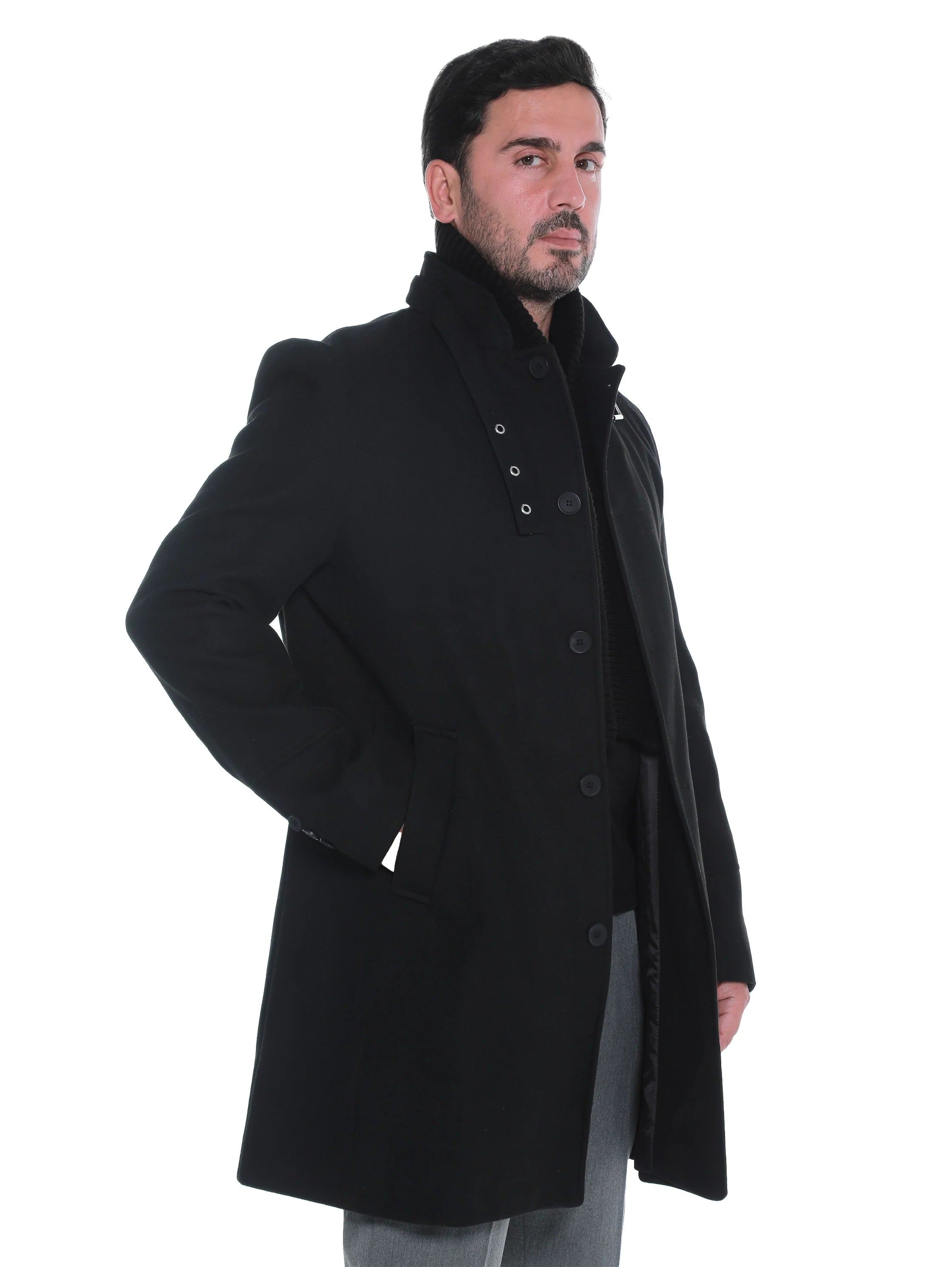 Black Buttoned Coat With Stand Up Collar