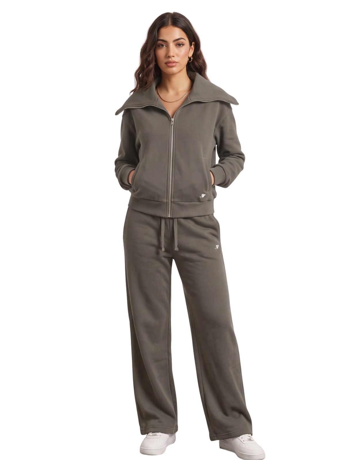 Khaki Zip-Up Jacket And Wide-Leg Pants Set
