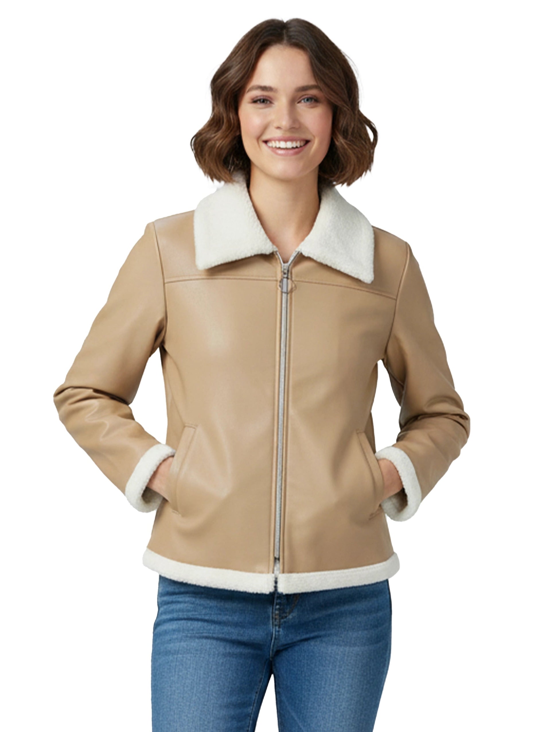 Dark Beige Leather Jacket With Fure Design