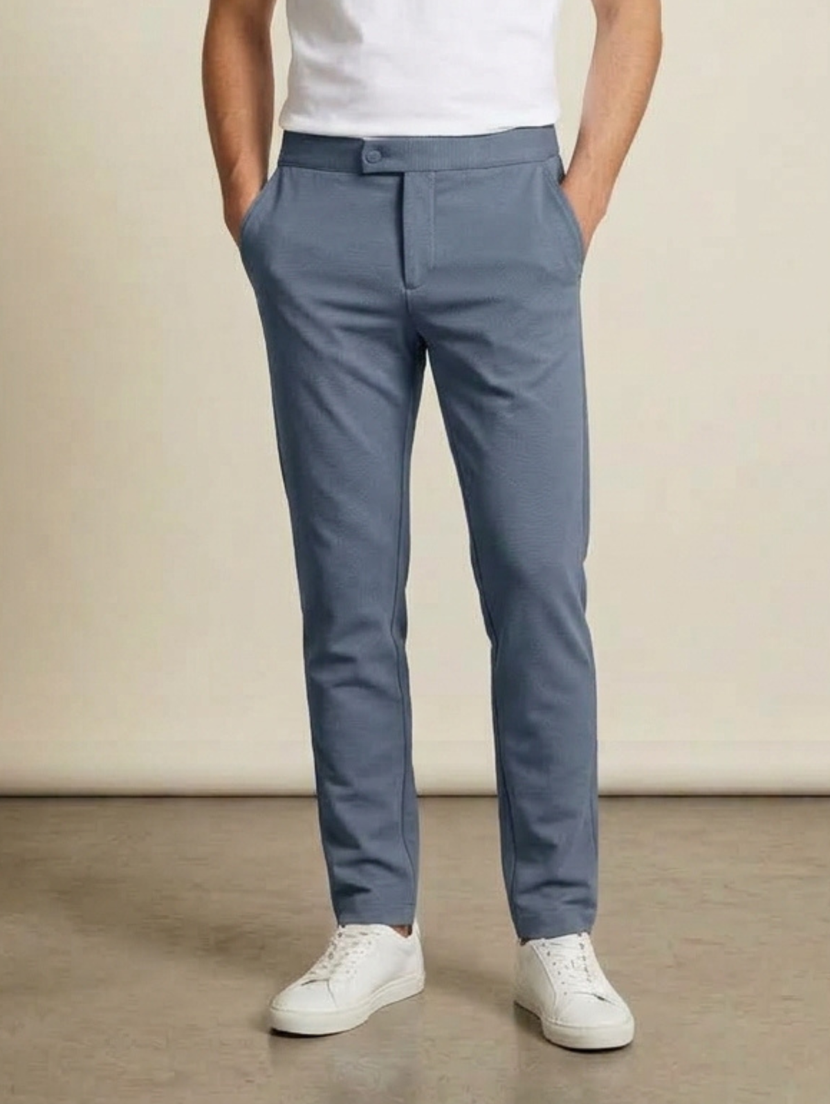 Blue Slim Straight Single Button Closure Pant With Back Elastic Waistband
