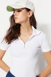 Trendyol White Zippered Stretchy Blouse