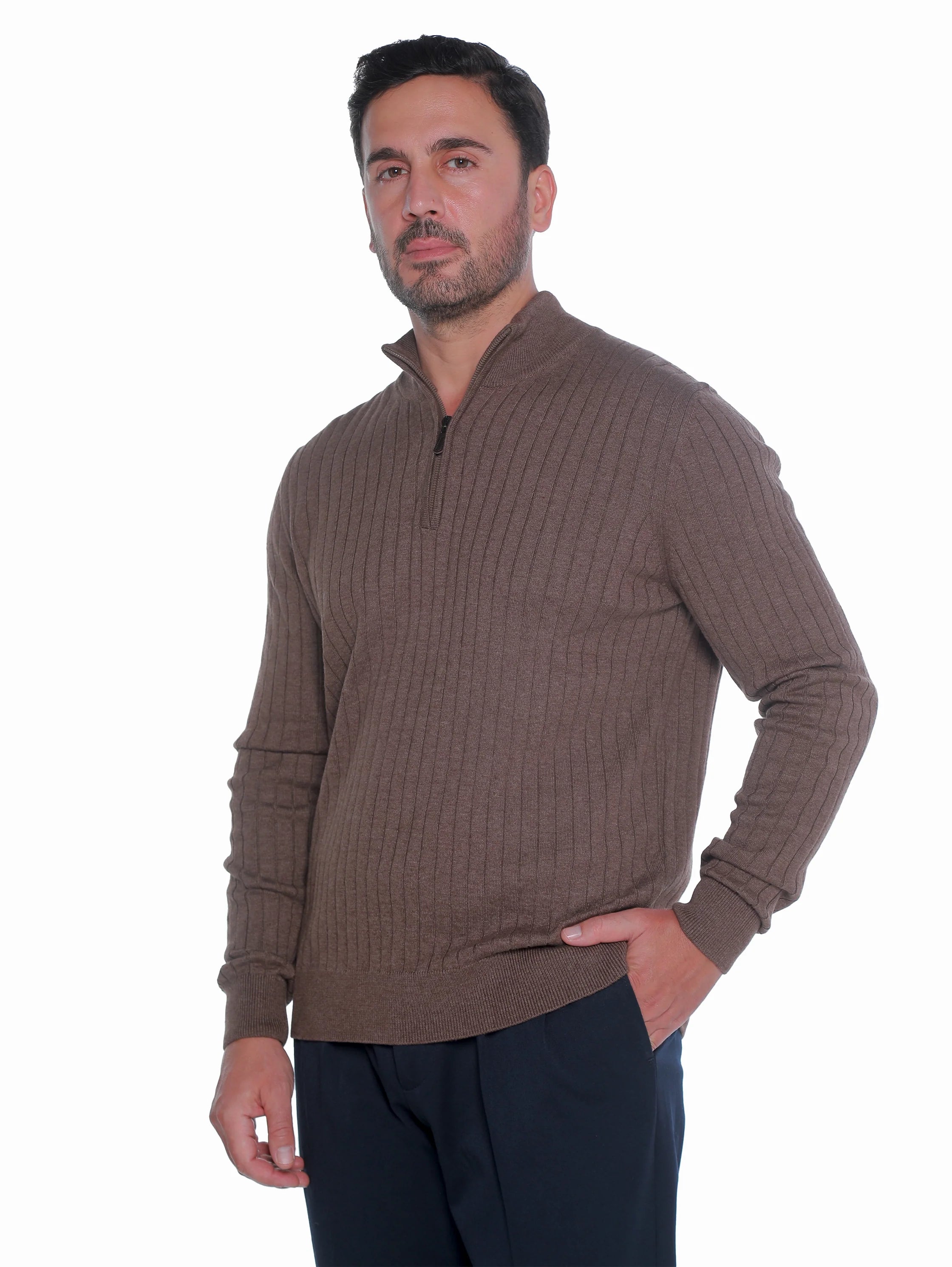 Brown Ribbed pullover With Half Zipper