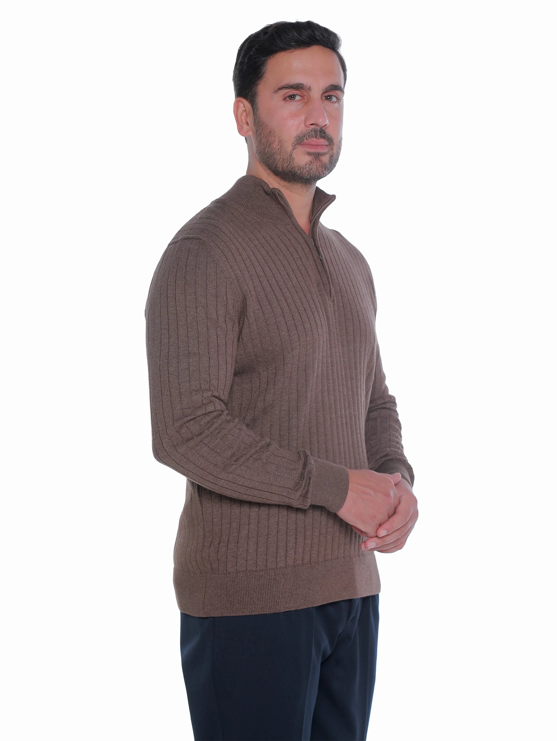 Brown Ribbed pullover With Half Zipper