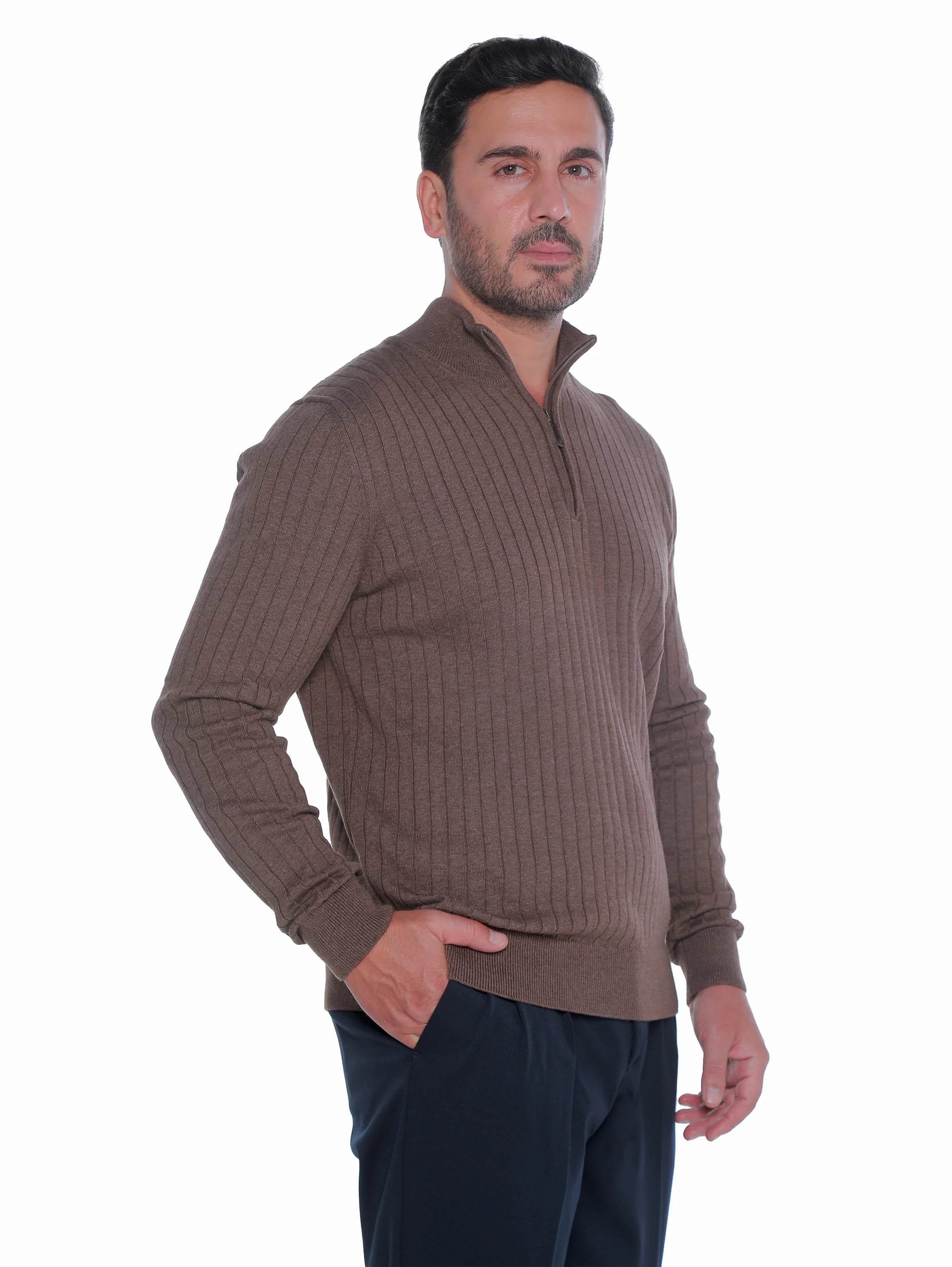 Brown Ribbed pullover With Half Zipper