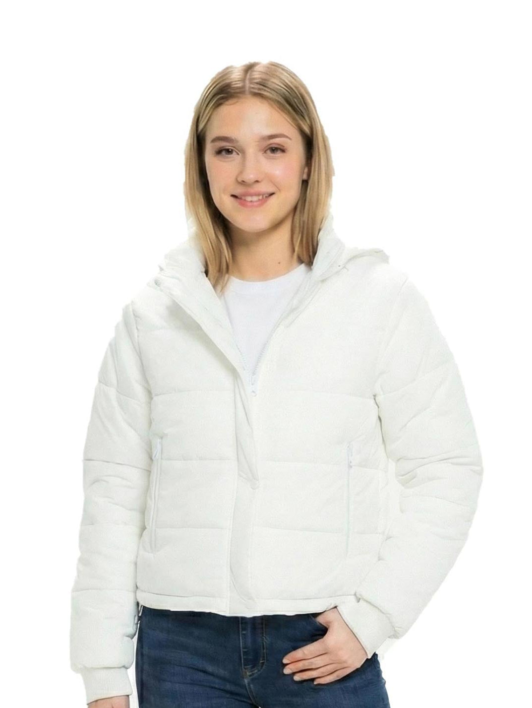 White Padded Puffer Jacket With Stand up Collar & Hoodie