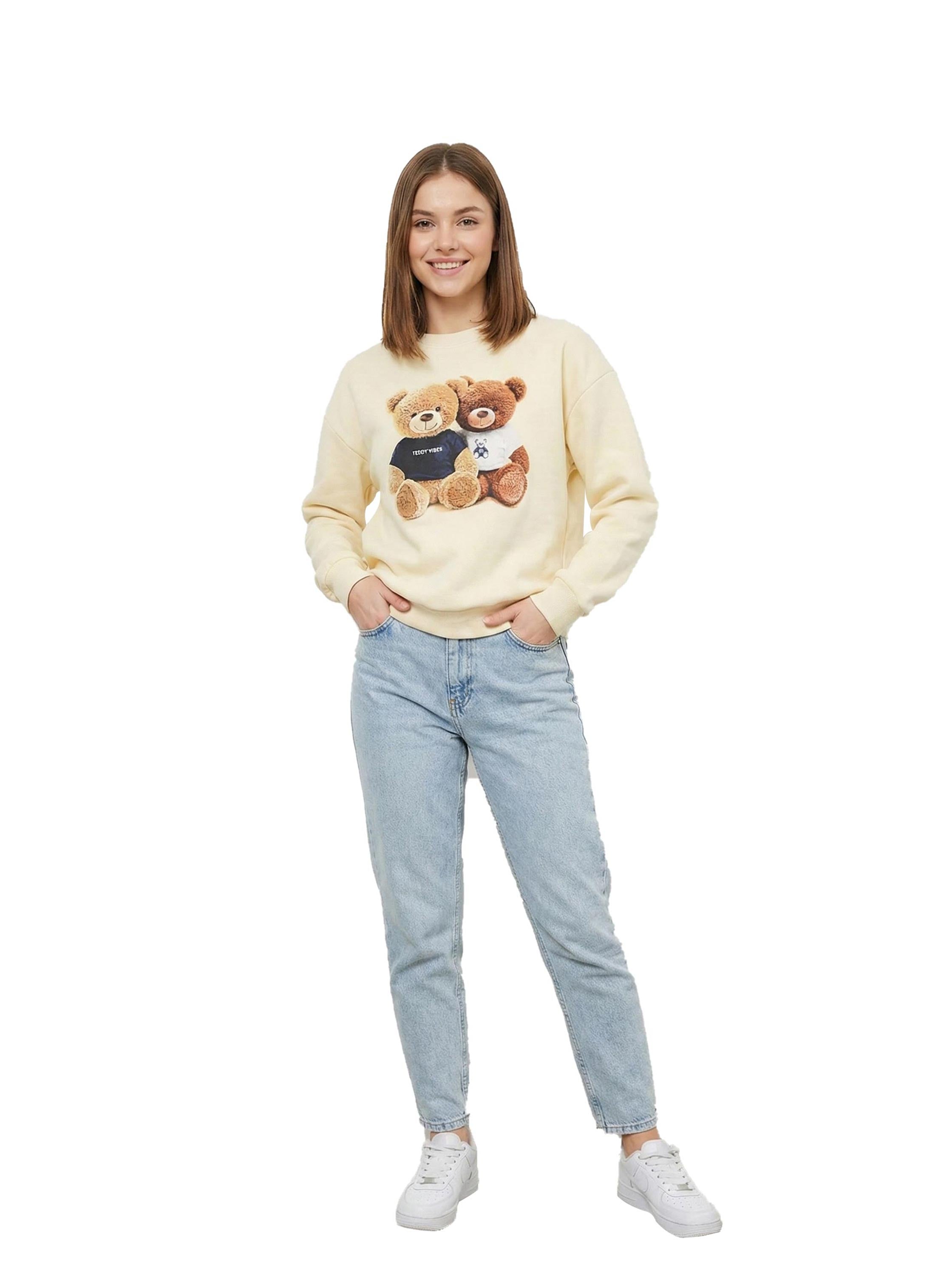 Long Sleeved Light Beige Sweater With Bear Front Design