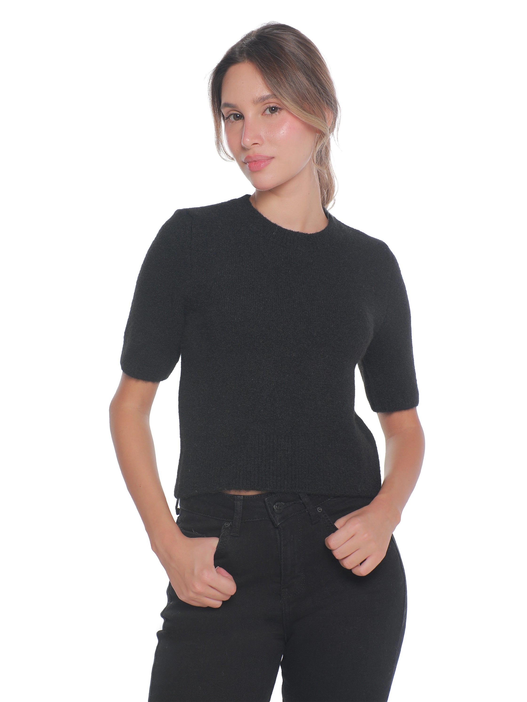 Short Sleeved Black Plain Warm Pullover