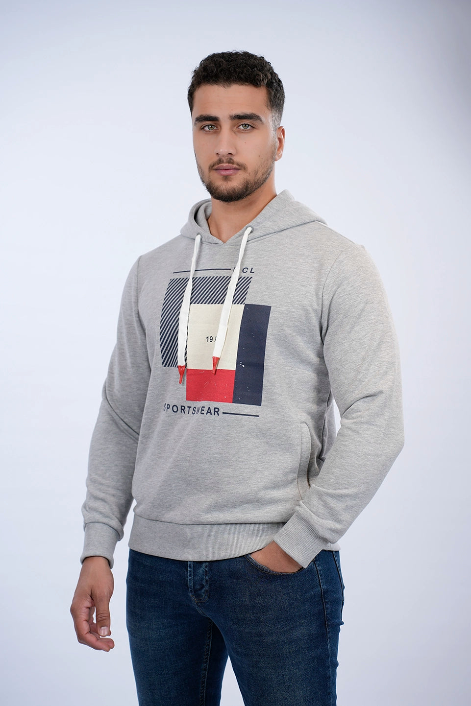 Grey Casual Hoodie With Front Design