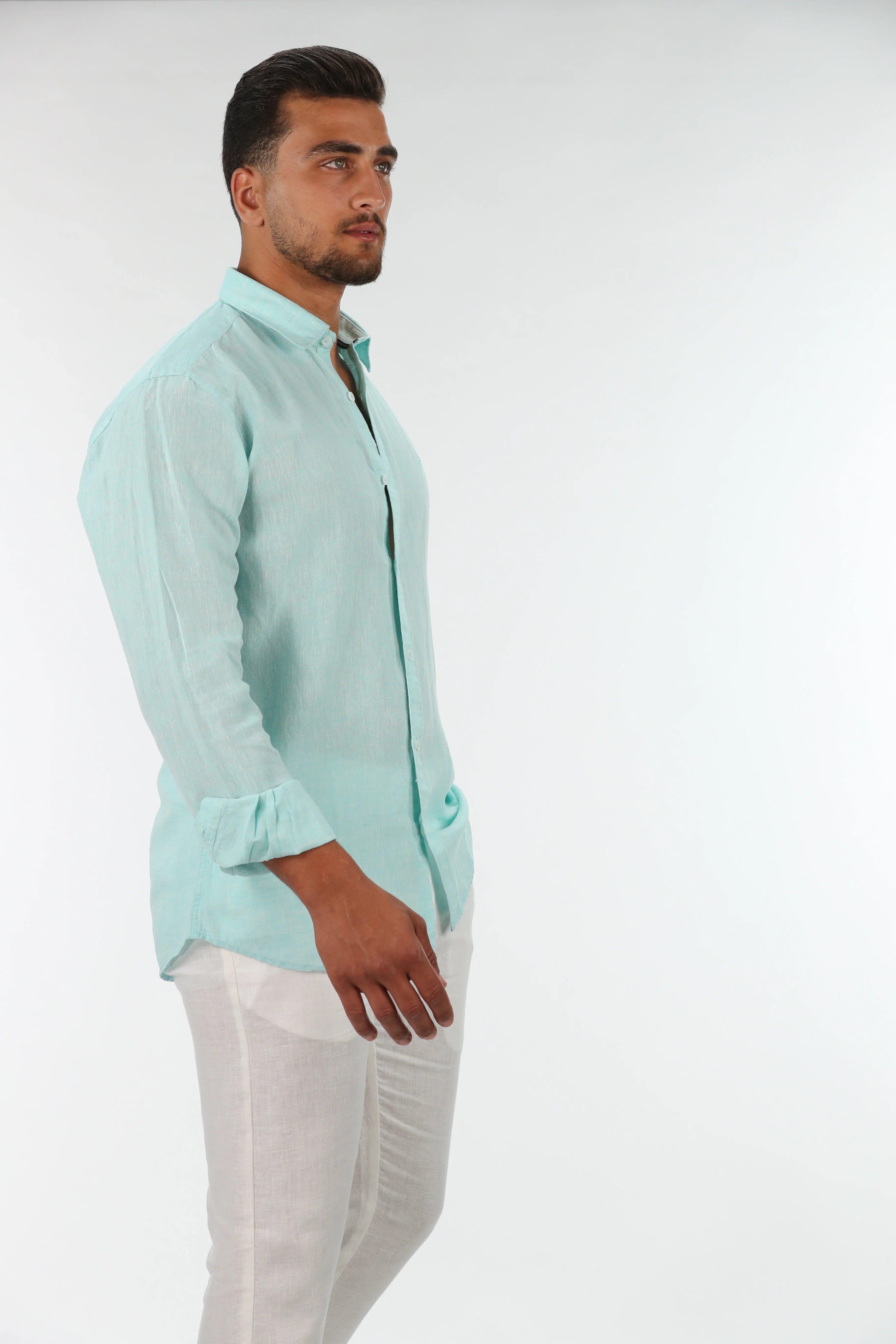 Long Sleeved Mint Plain Linen Shirt