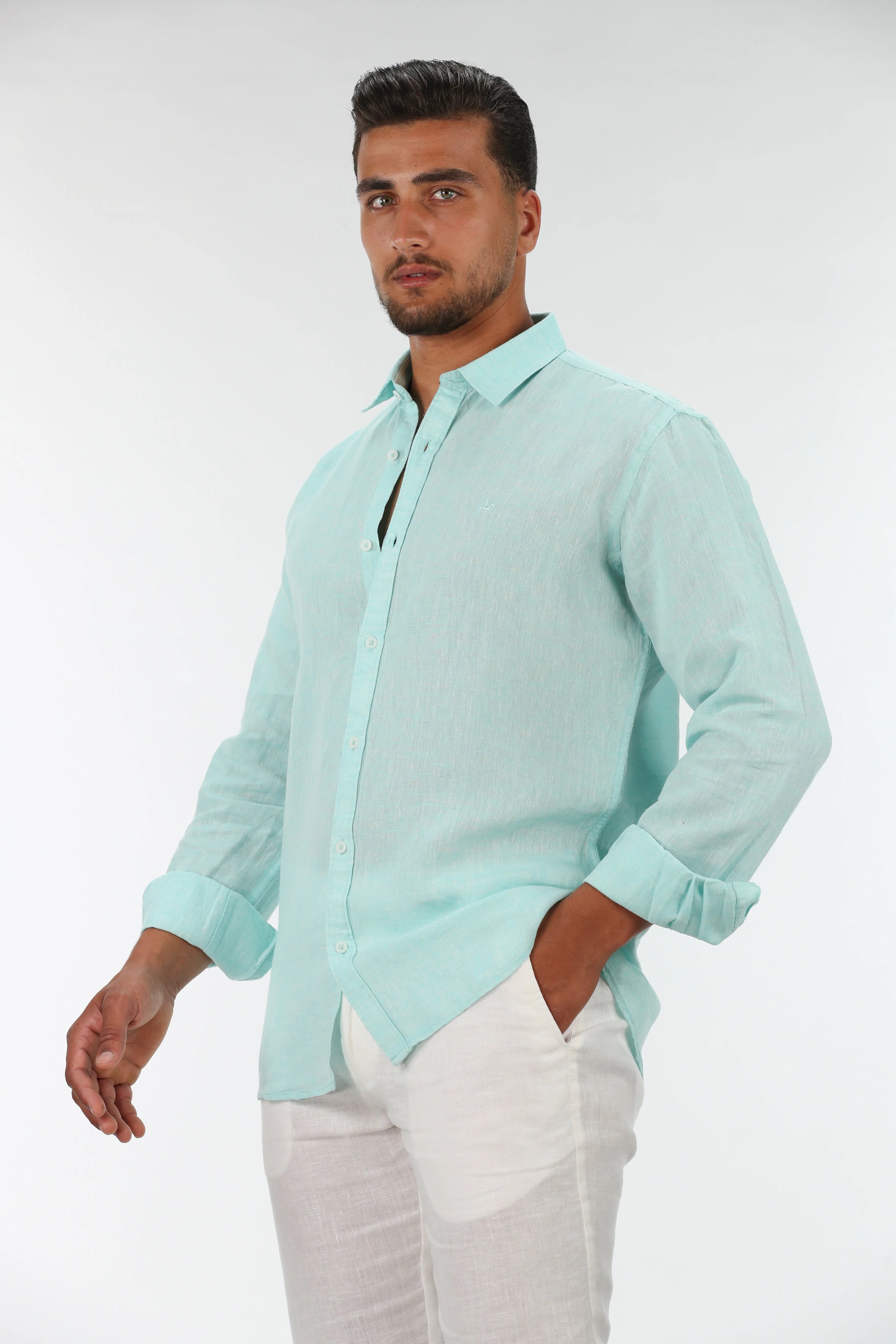 Long Sleeved Mint Plain Linen Shirt