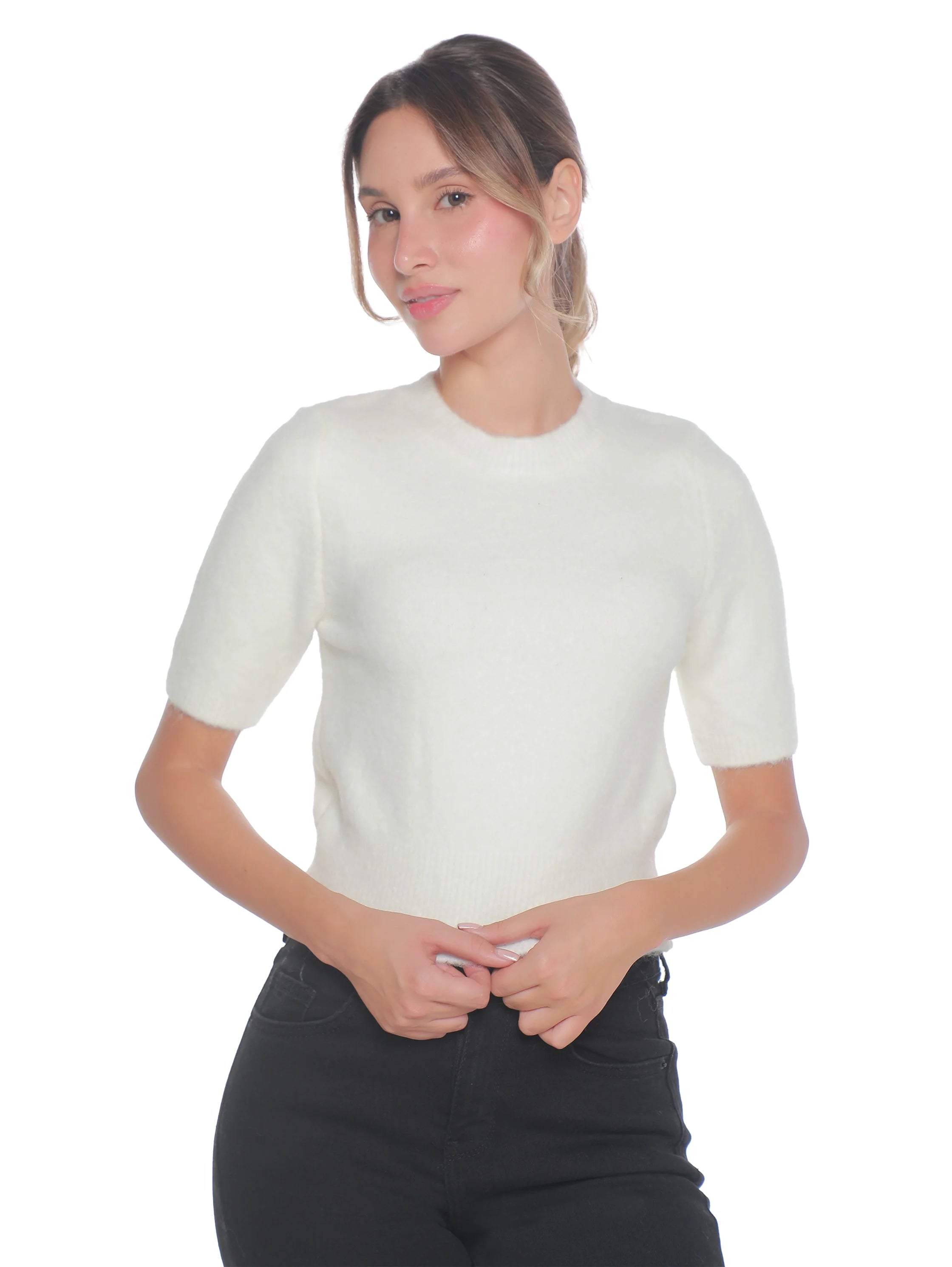 Short Sleeved Offwhite Plain Warm Pullover