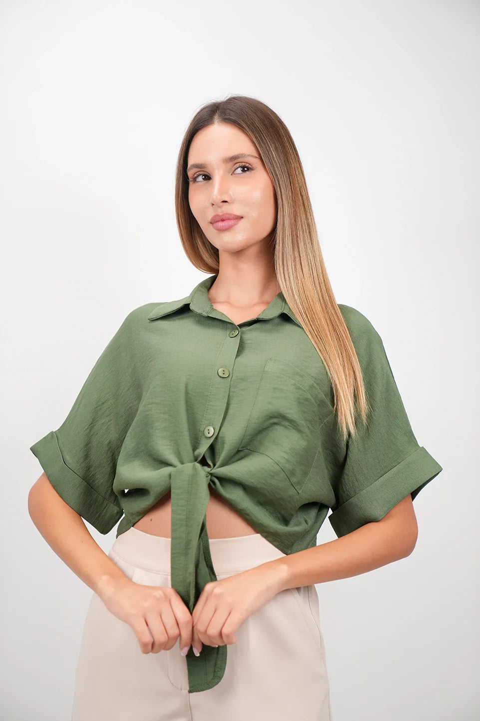 Olive Crop Shirt With Tie Waist