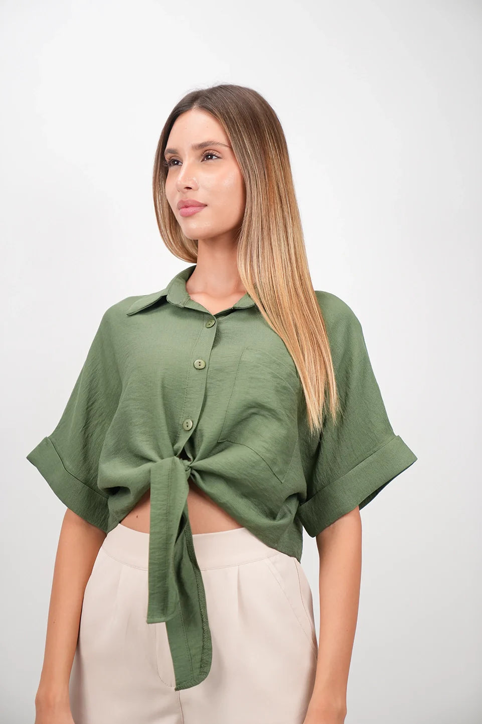 Olive Crop Shirt With Tie Waist