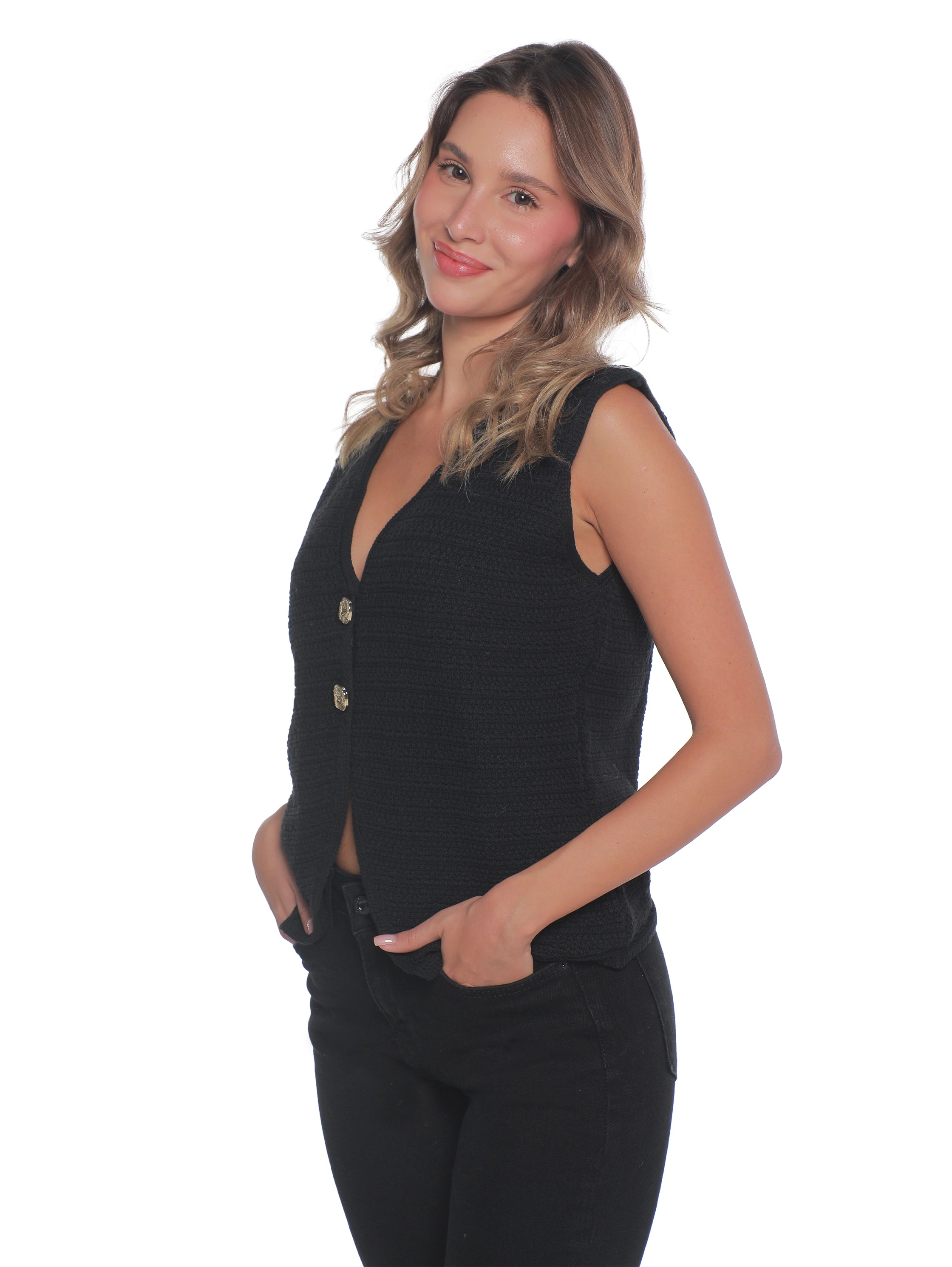 Embroidery Black Vest With Two Button To Close