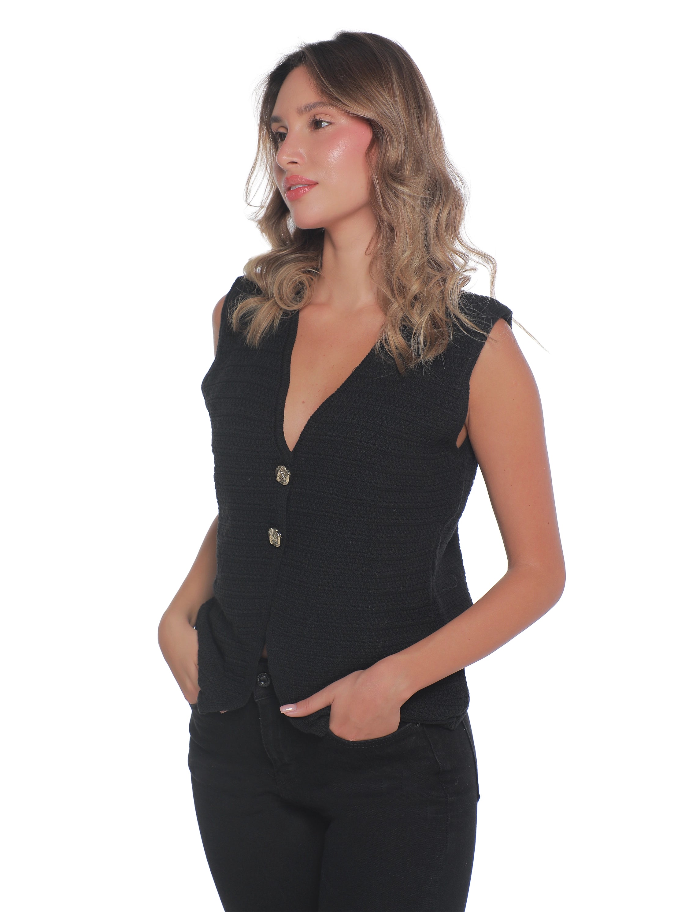 Embroidery Black Vest With Two Button To Close