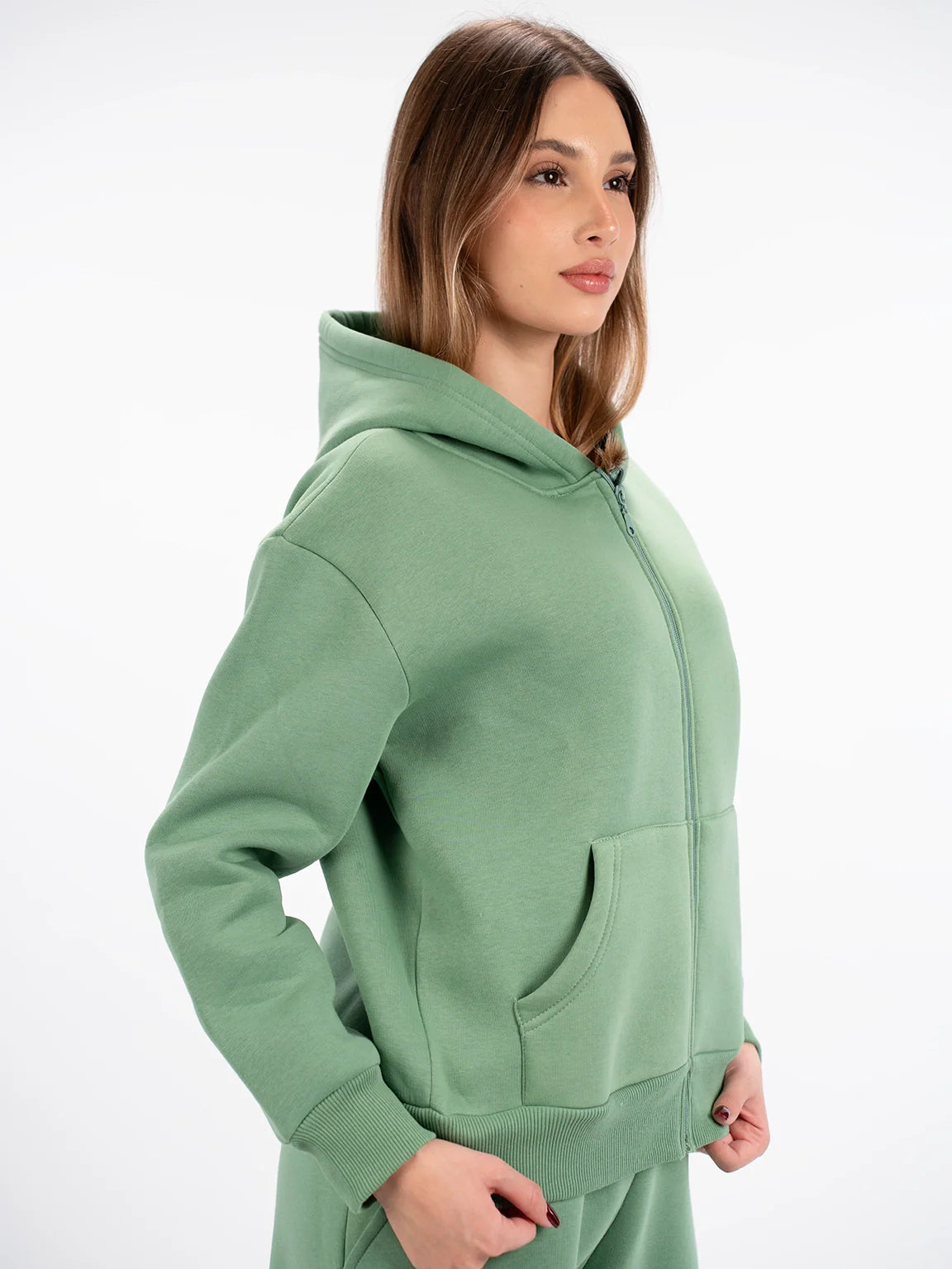 Green Fleeced Jacket With Hood