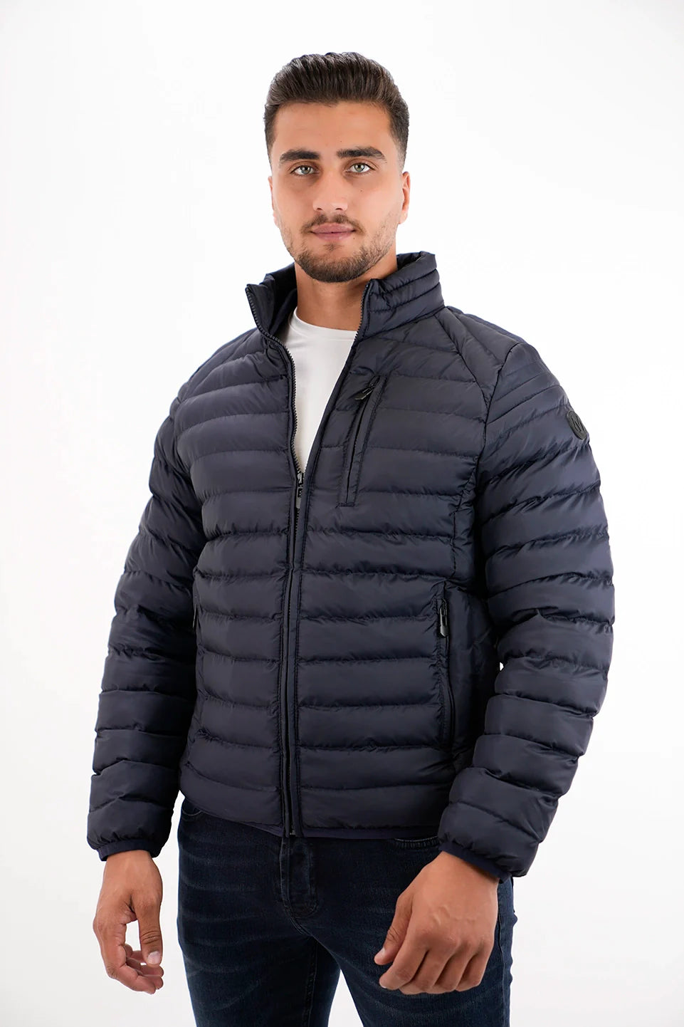 Navy Puffer Jacket With Zipper Design