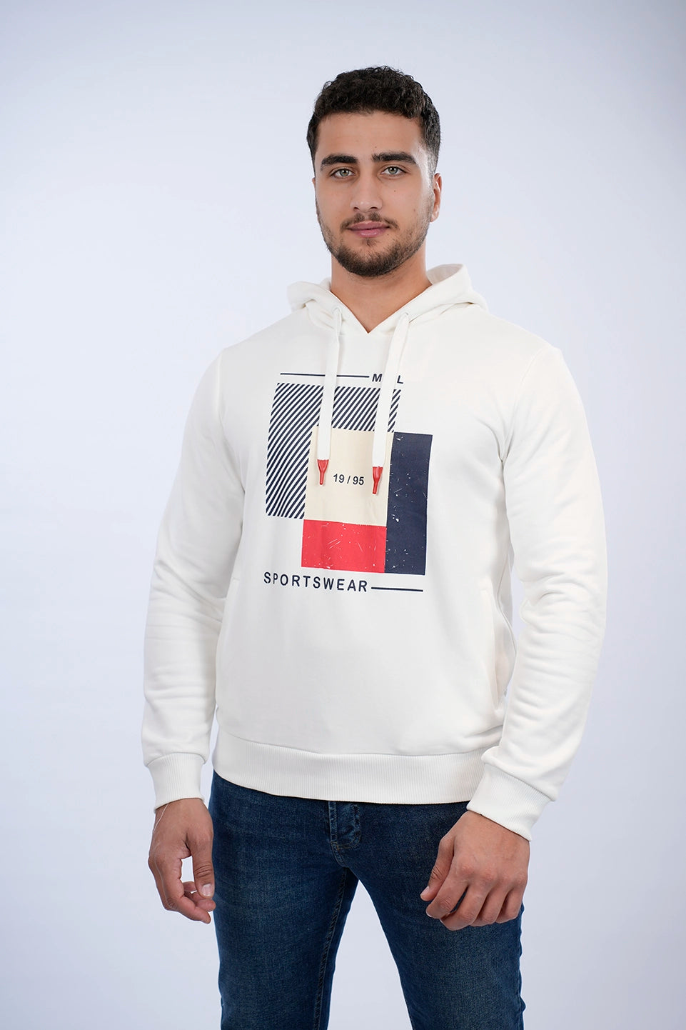 Off White Casual Hoodie With Front Design