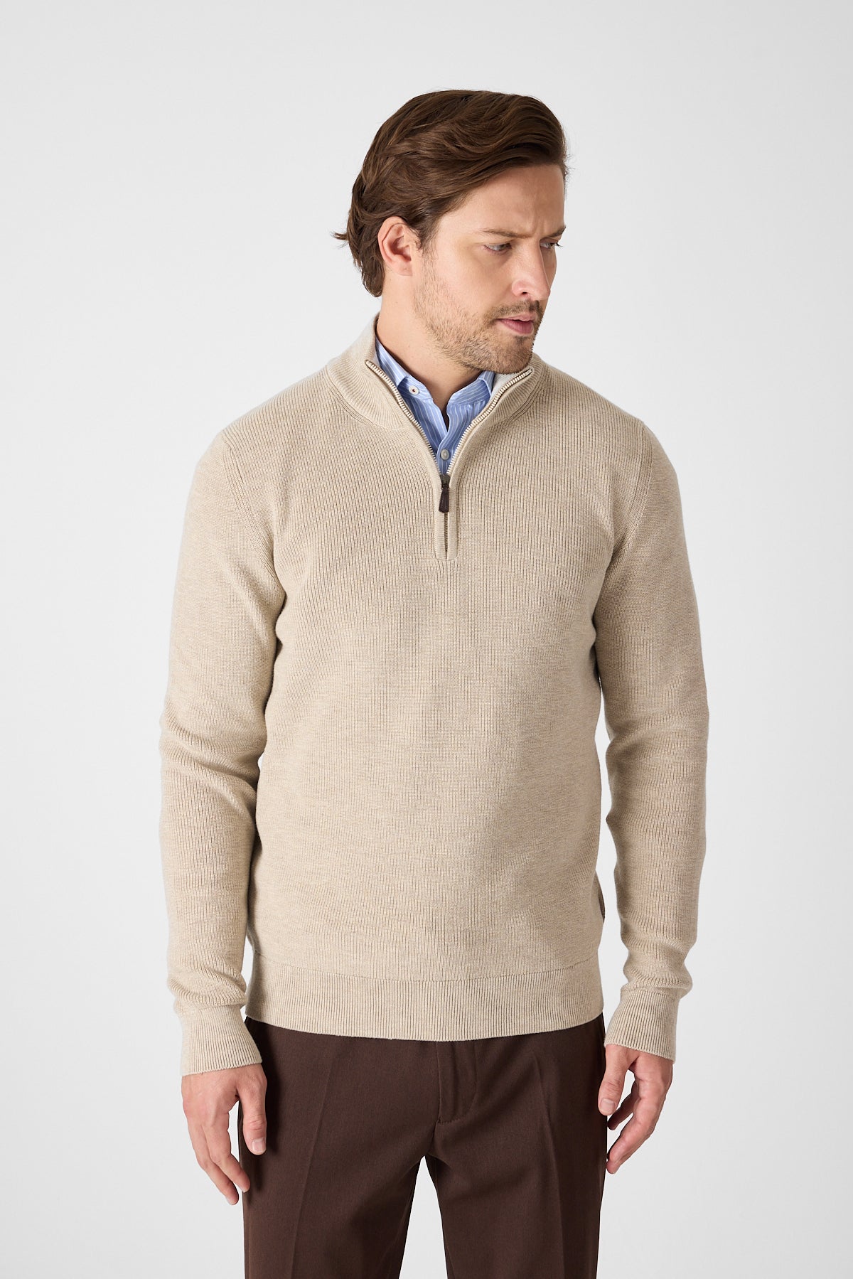 Casual Beige Quarter Zip Pullover With Contrast Collar Accent