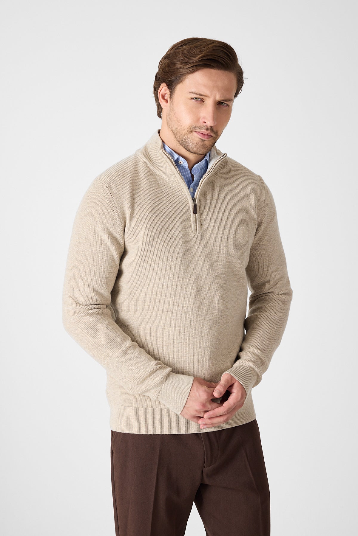Casual Beige Quarter Zip Pullover With Contrast Collar Accent