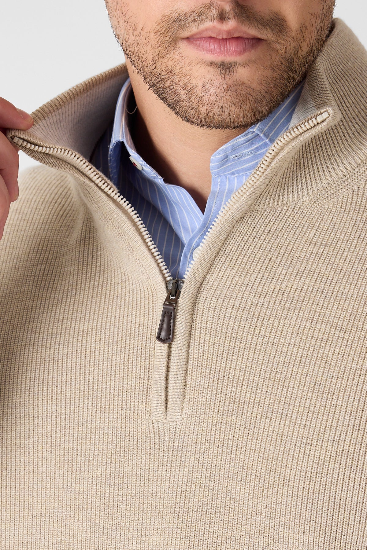Casual Beige Quarter Zip Pullover With Contrast Collar Accent