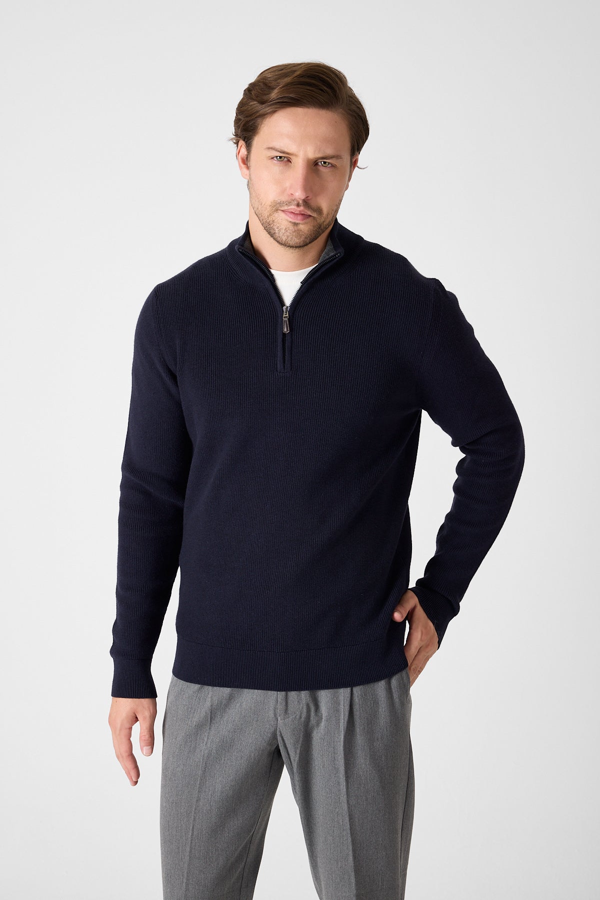 Casual Navy Quarter Zip Pullover With Contrast Collar Accent