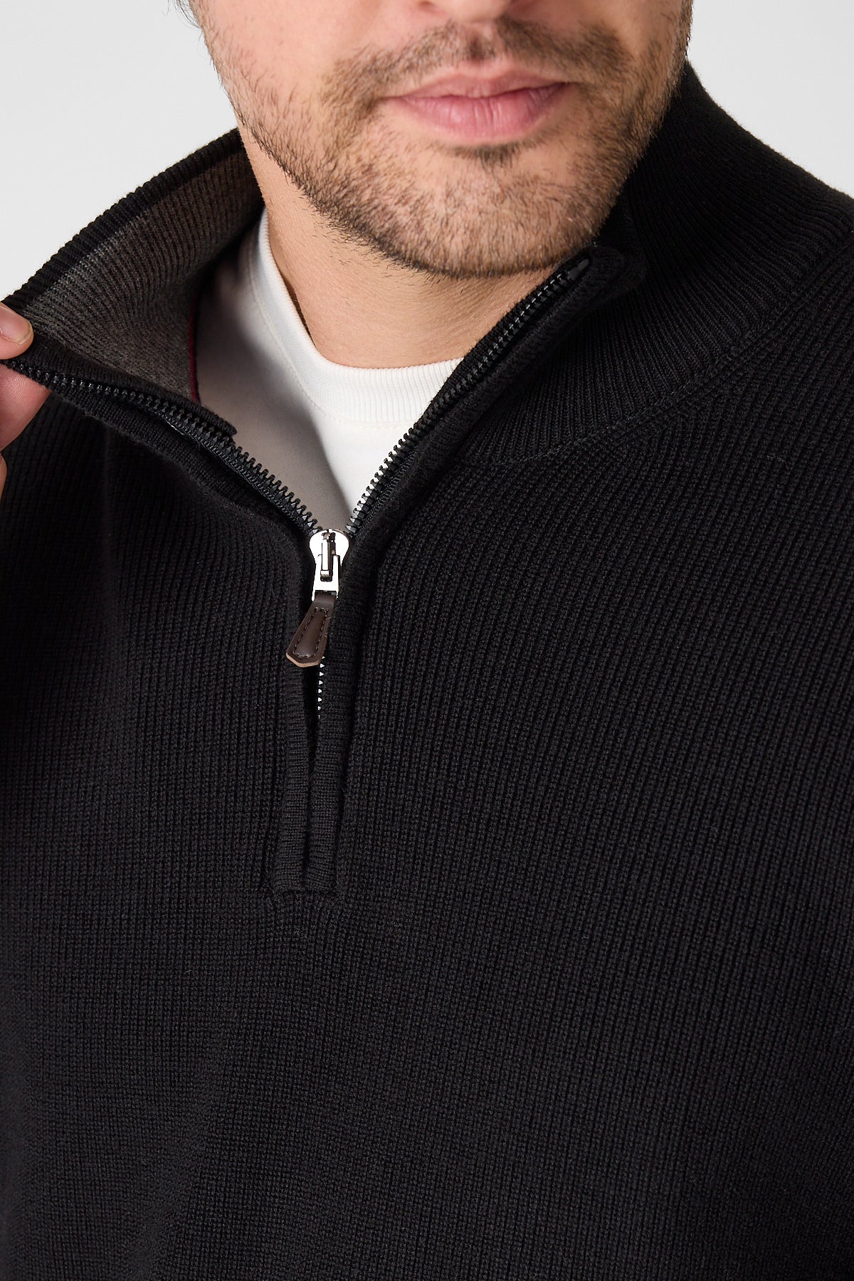 Casual Black Quarter Zip Pullover With Contrast Collar Accent