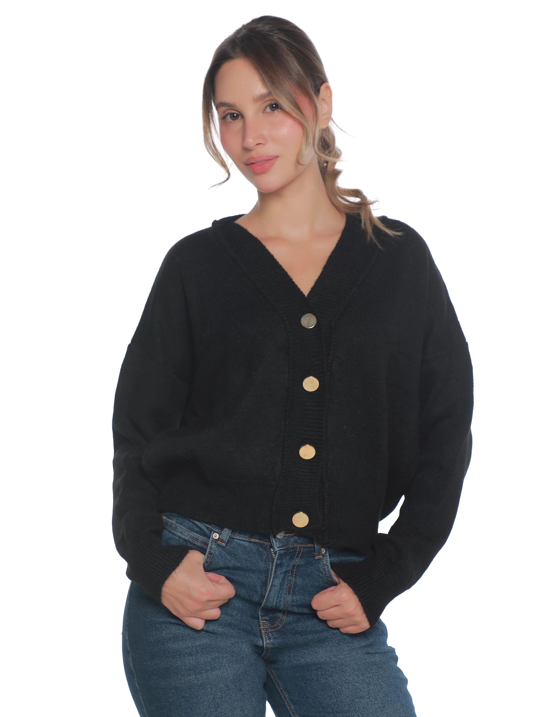 Long Sleeved Black Pullover With Gold Button To Close