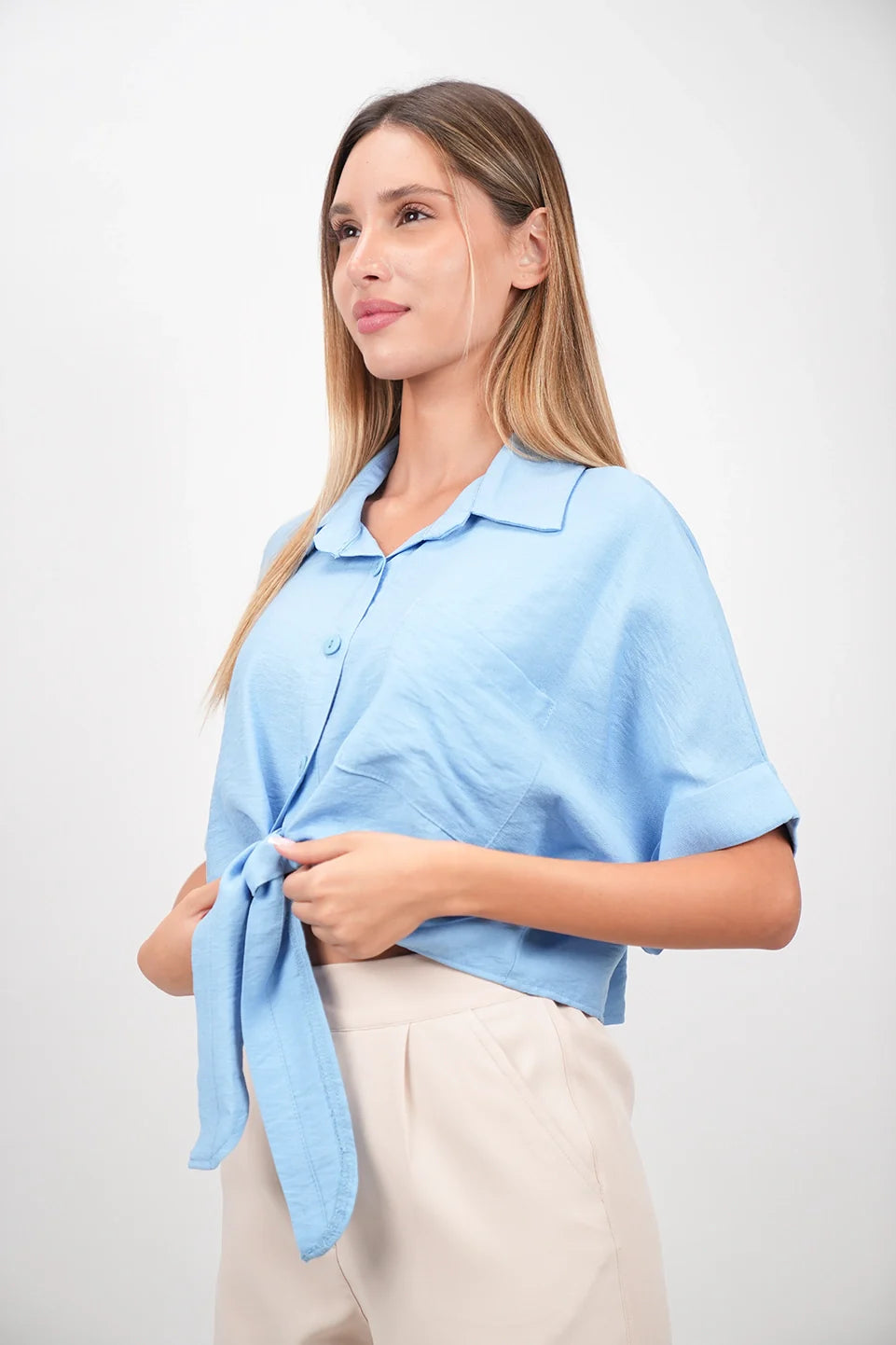 Blue Crop Shirt With Tie Waist