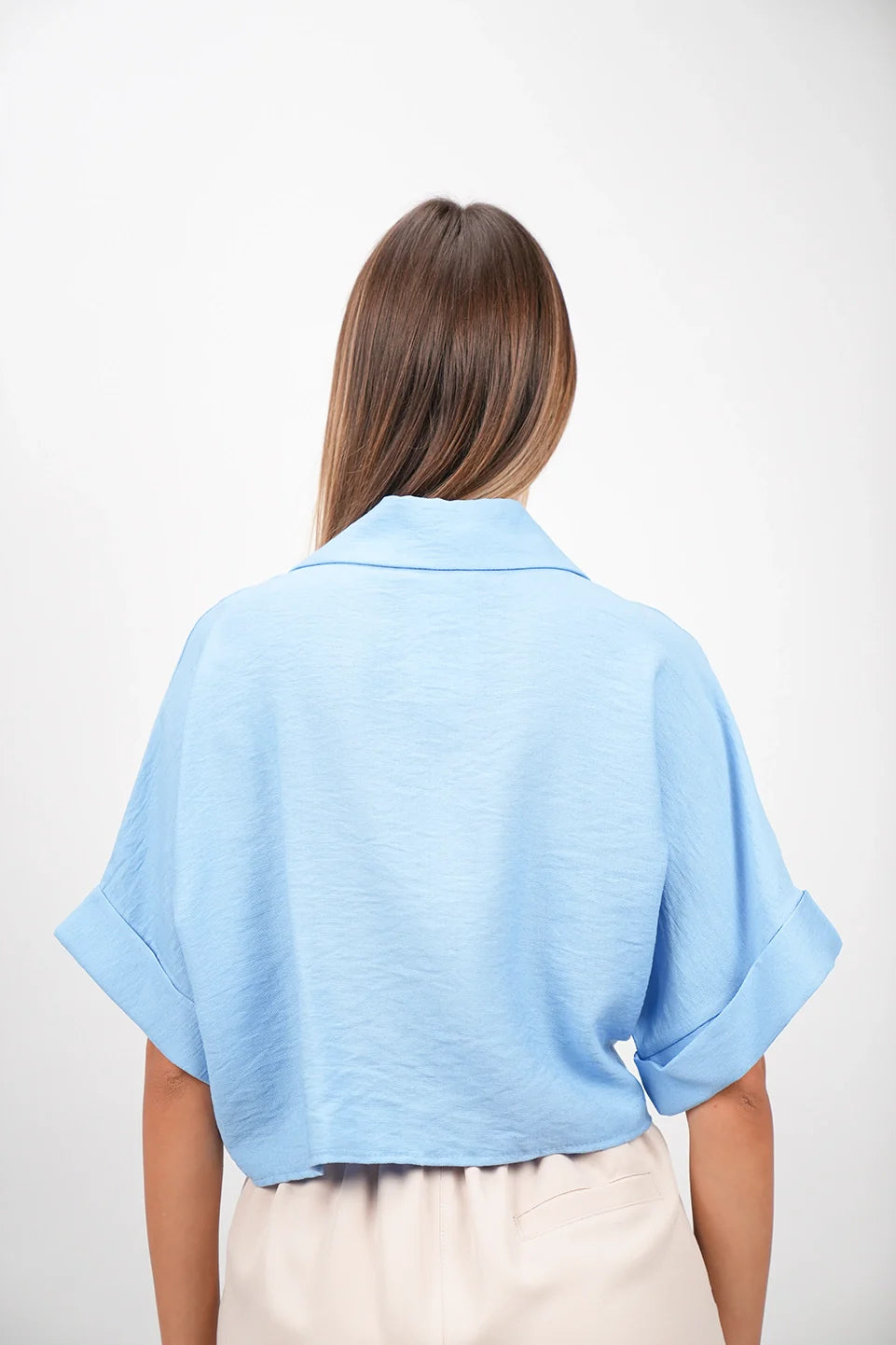 Blue Crop Shirt With Tie Waist