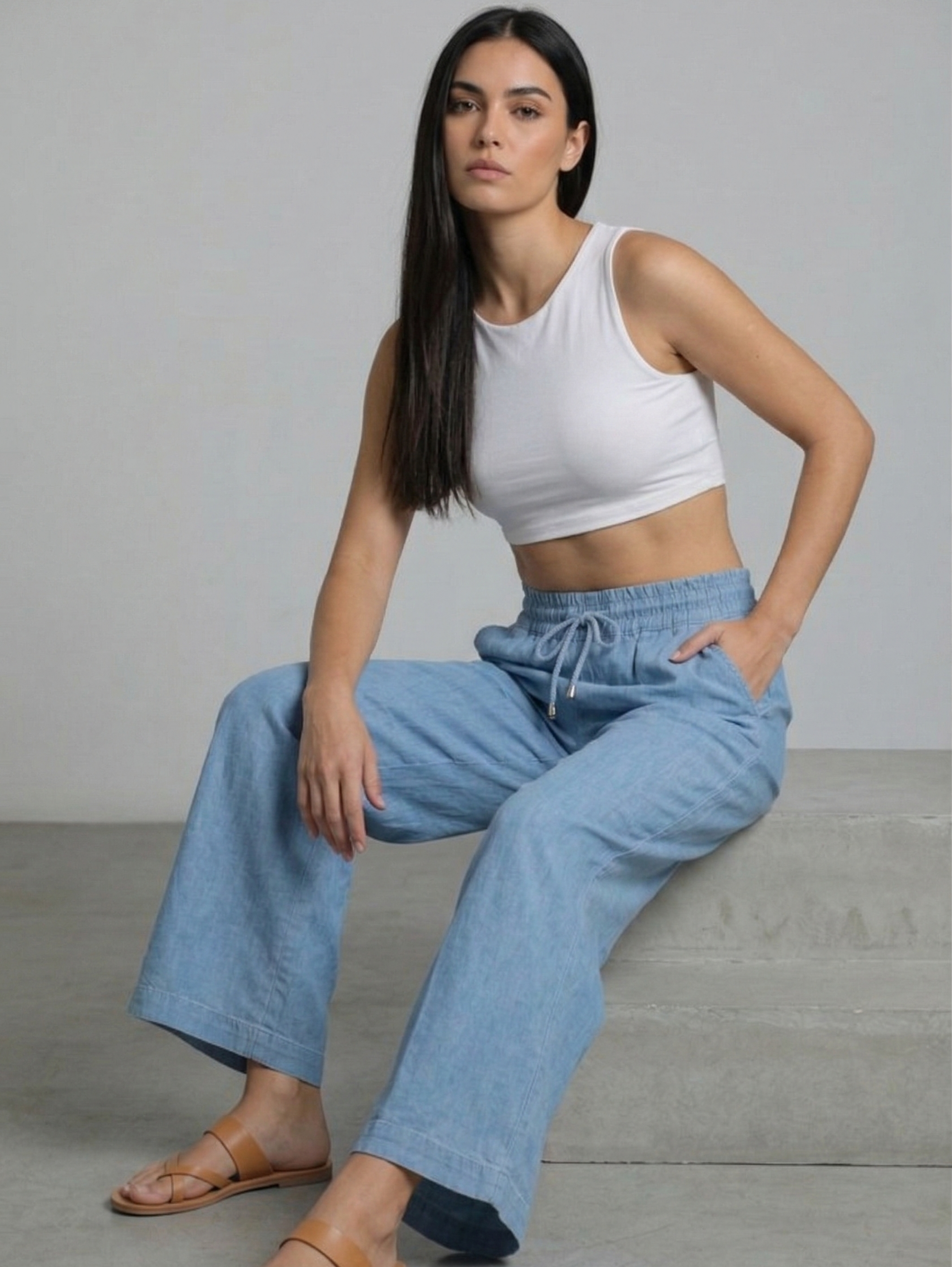 Light Blue Denim Pant With Elastic Waist