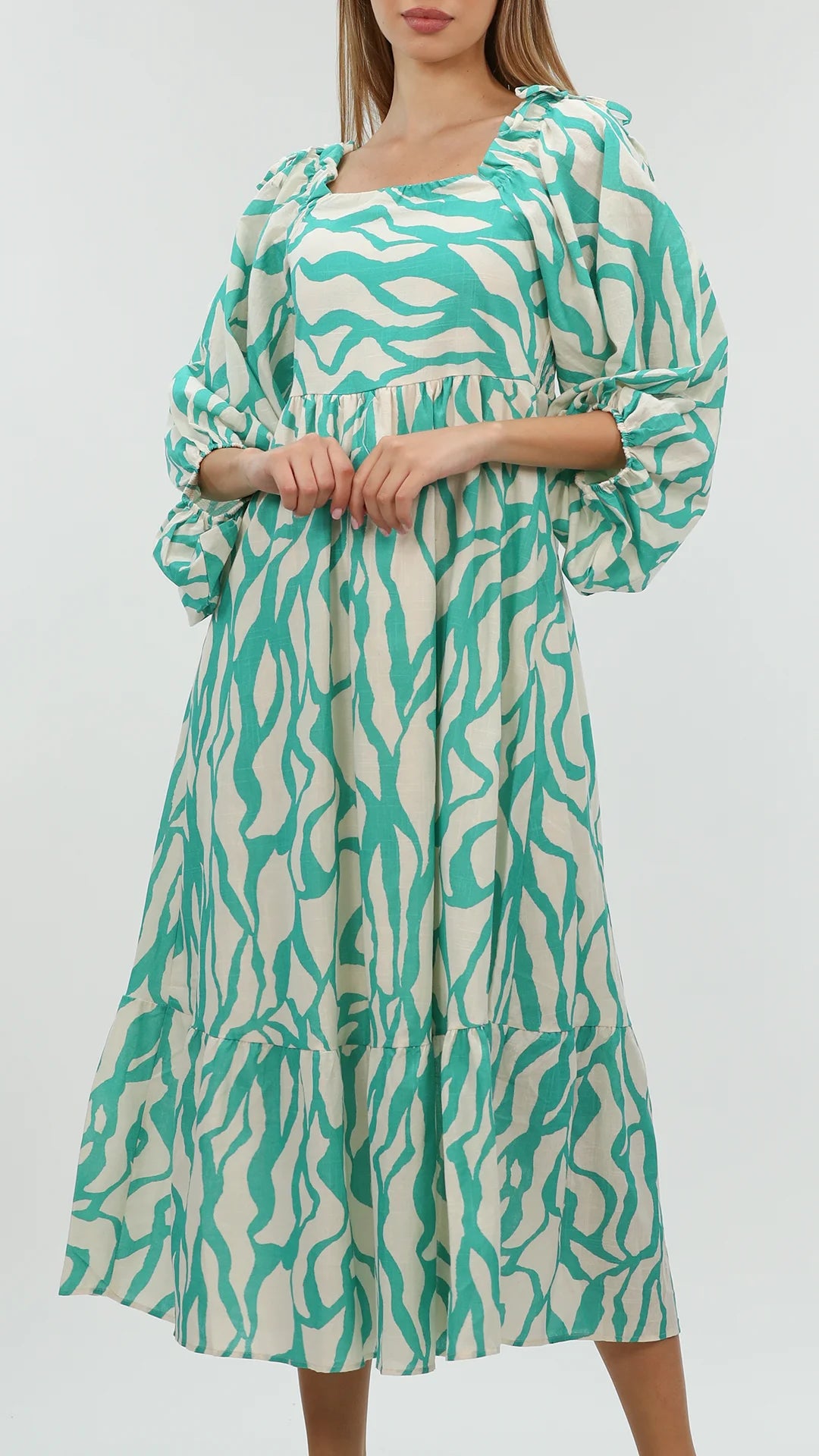 Green Printed Dress louse Fit