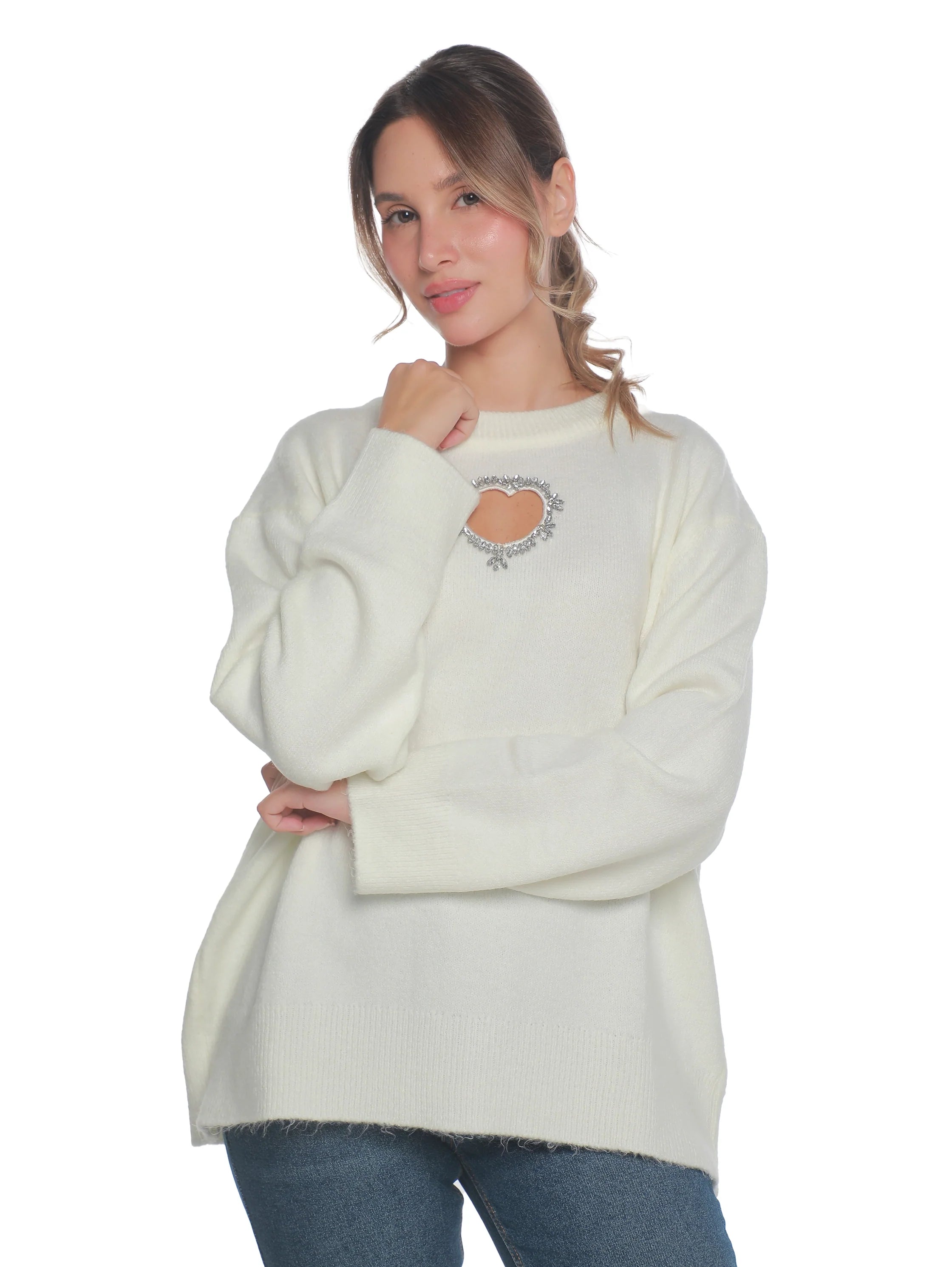 Offwhite Oversize Pullover With Open Heart Front Design