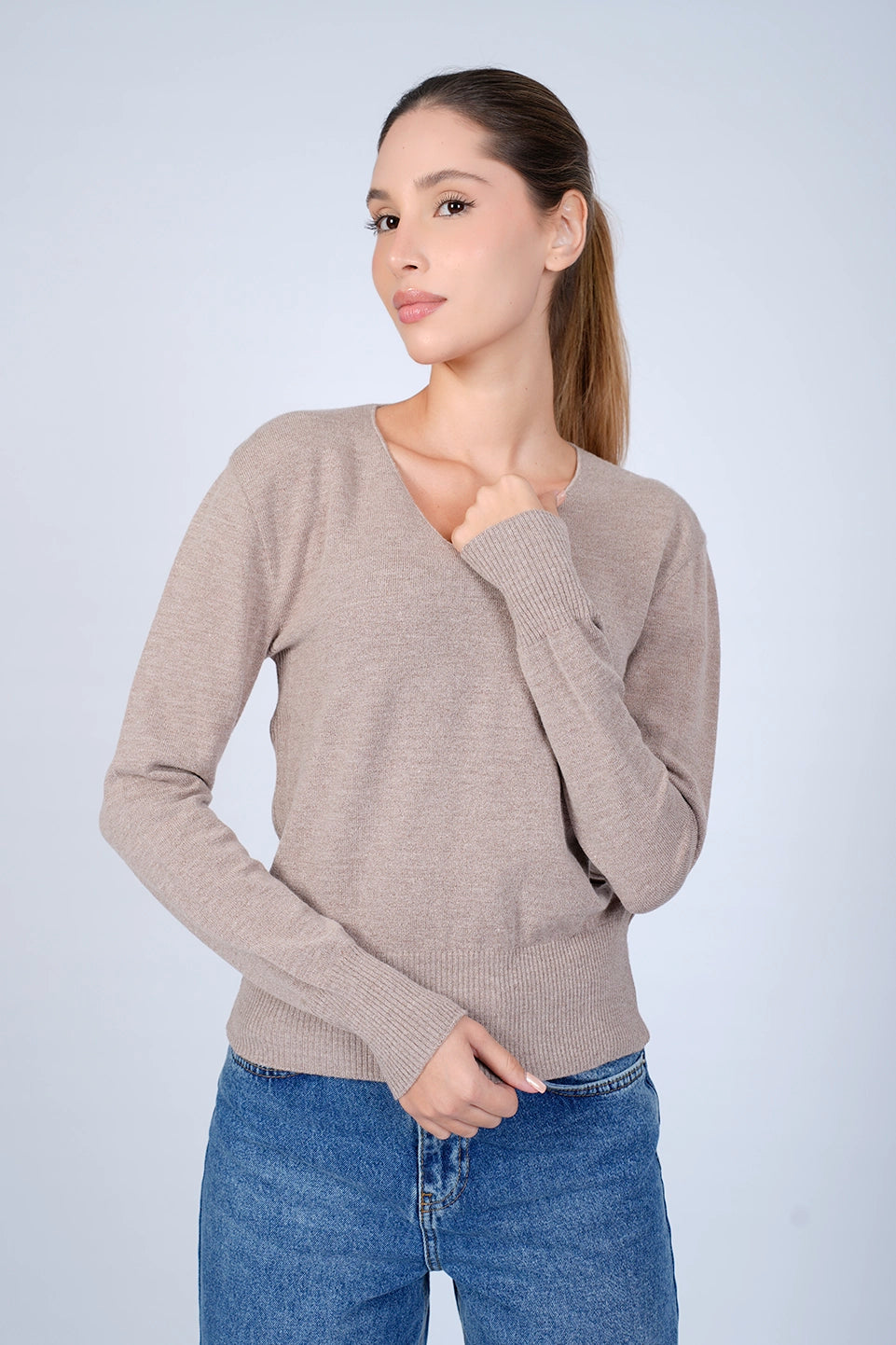 V-Neck Dark Beige Knit Wear