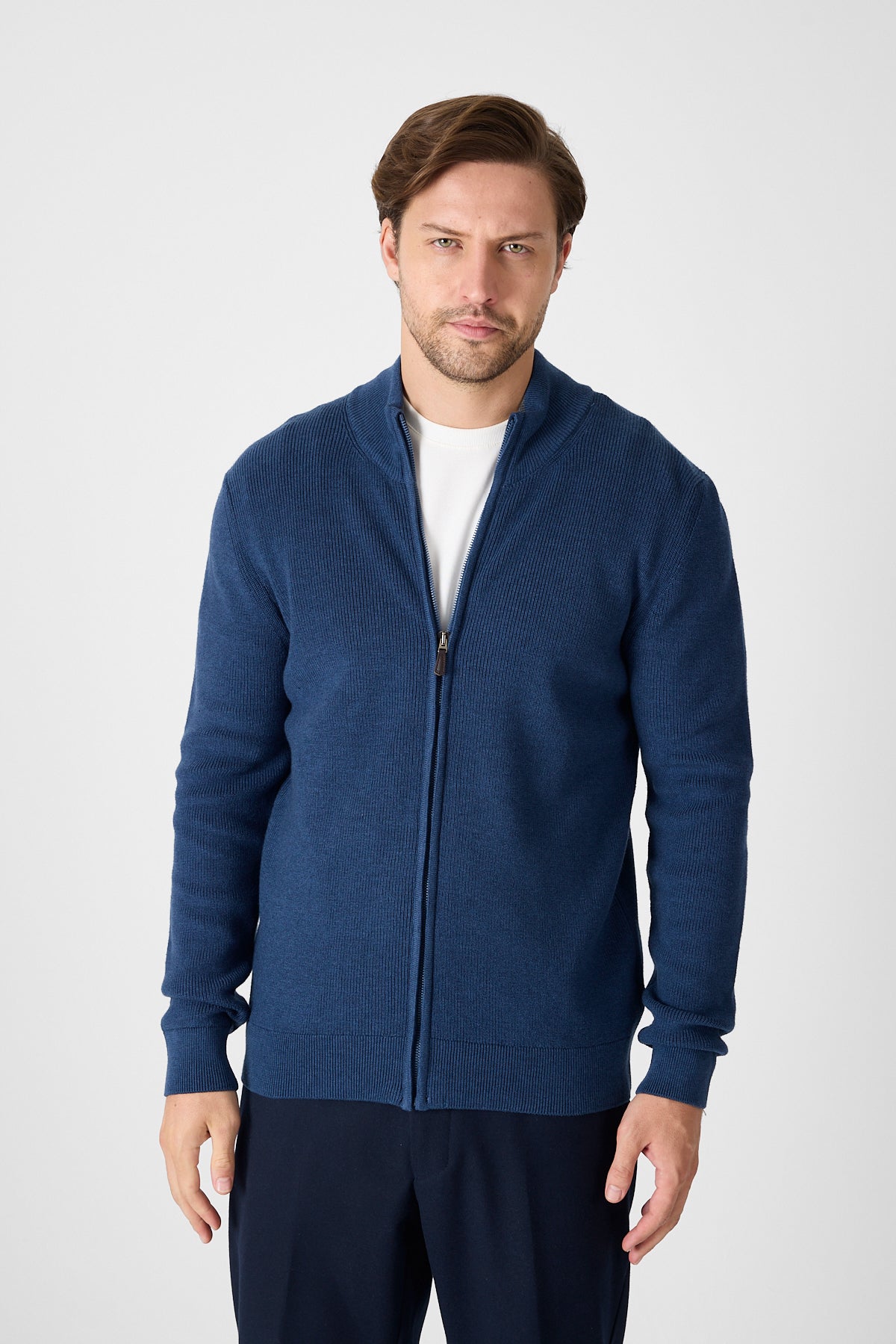 Casual Indigo Full Zip Textured Knit Sweater Jacket