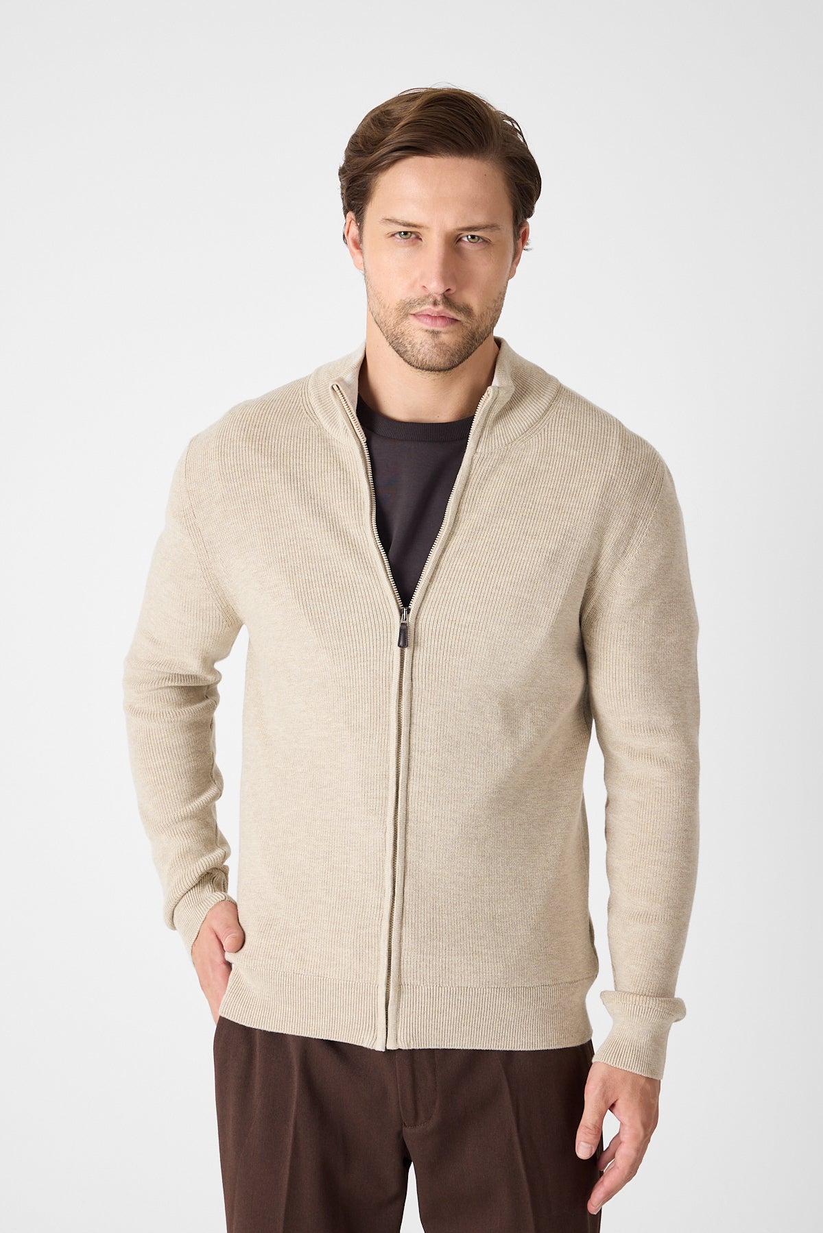 Casual Beige Full Zip Textured Knit Sweater Jacket