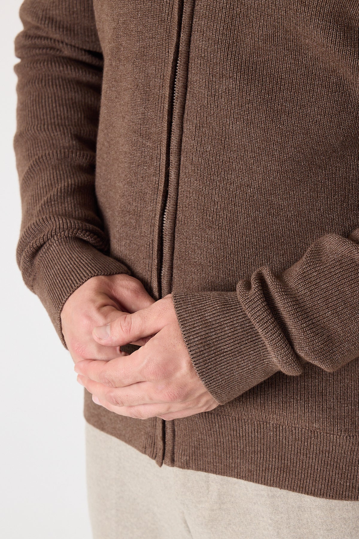Casual Brown Full Zip Textured Knit Sweater Jacket