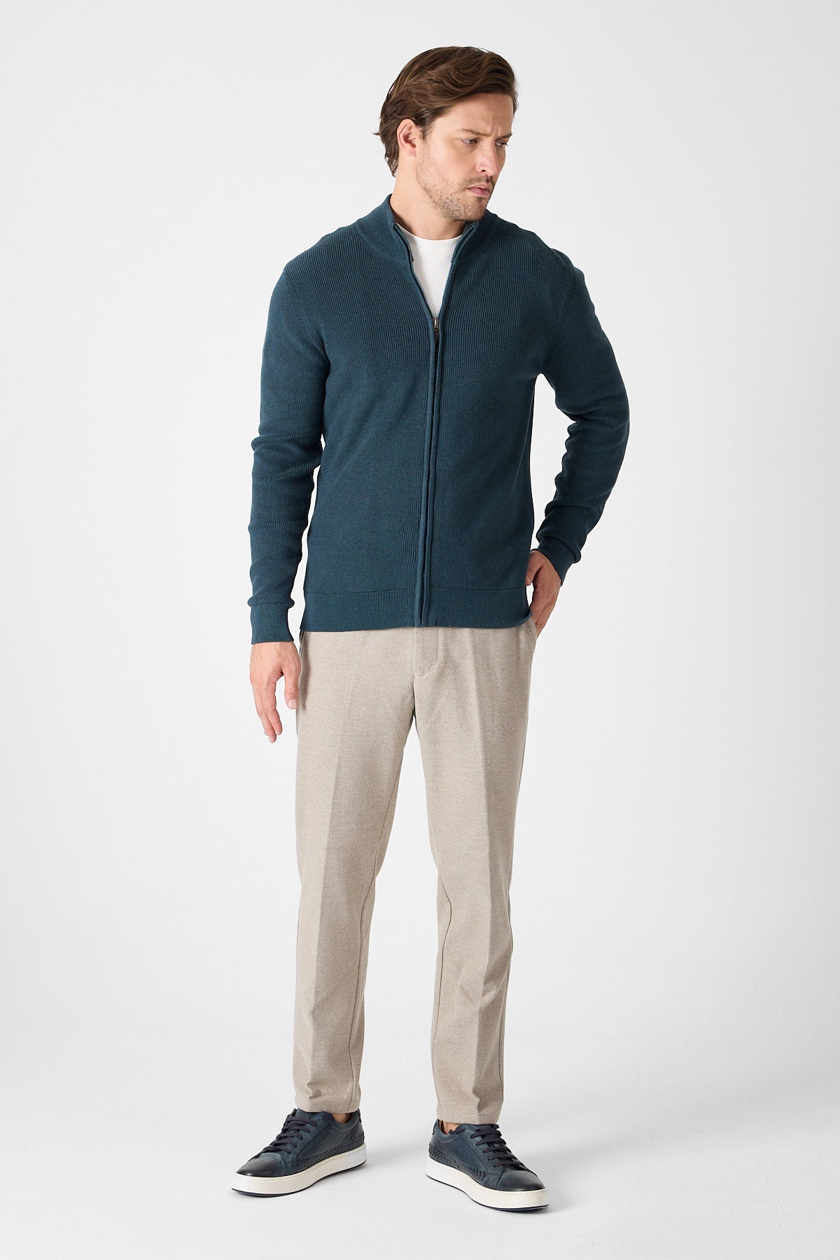 Casual Green Full Zip Textured Knit Sweater Jacket