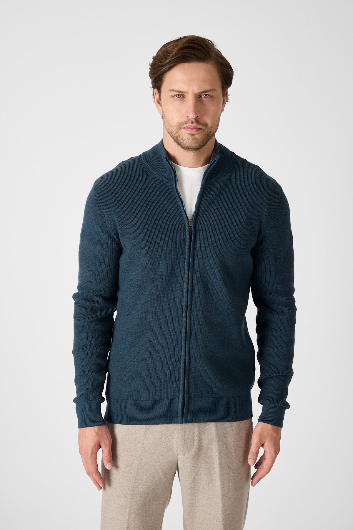Casual Green Full Zip Textured Knit Sweater Jacket