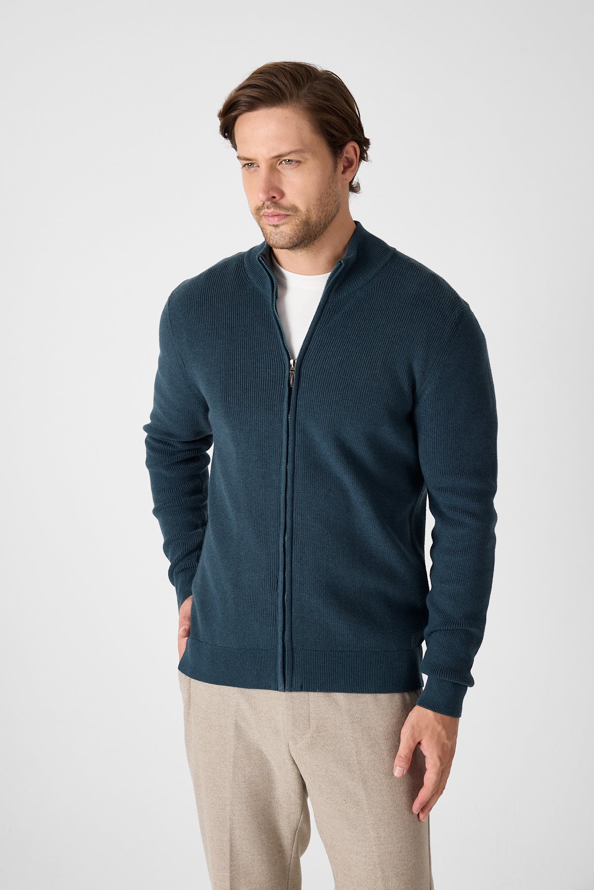 Casual Green Full Zip Textured Knit Sweater Jacket