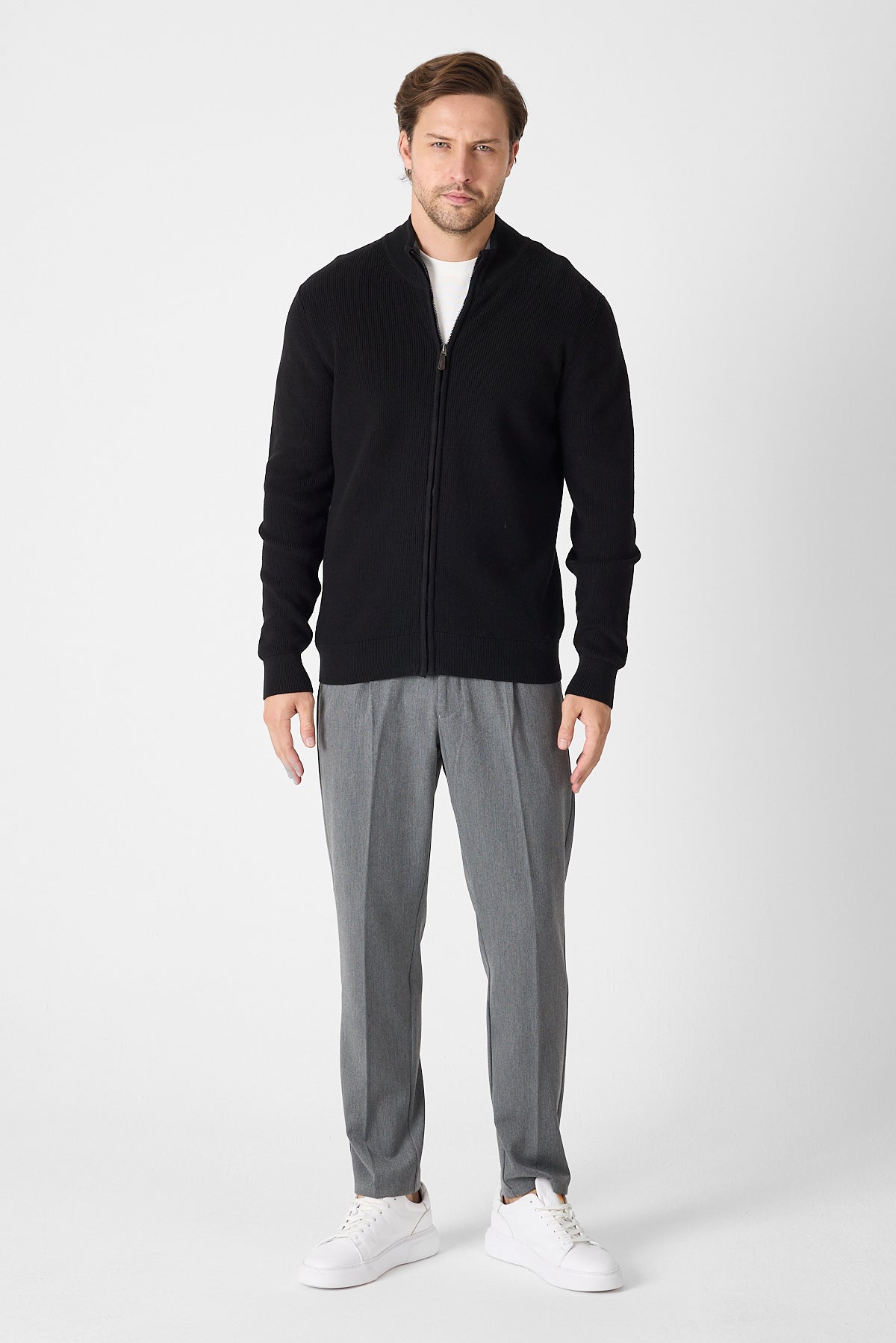 Casual Black Full Zip Textured Knit Sweater Jacket