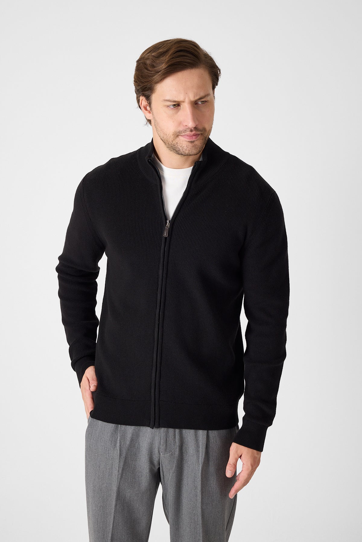 Casual Black Full Zip Textured Knit Sweater Jacket